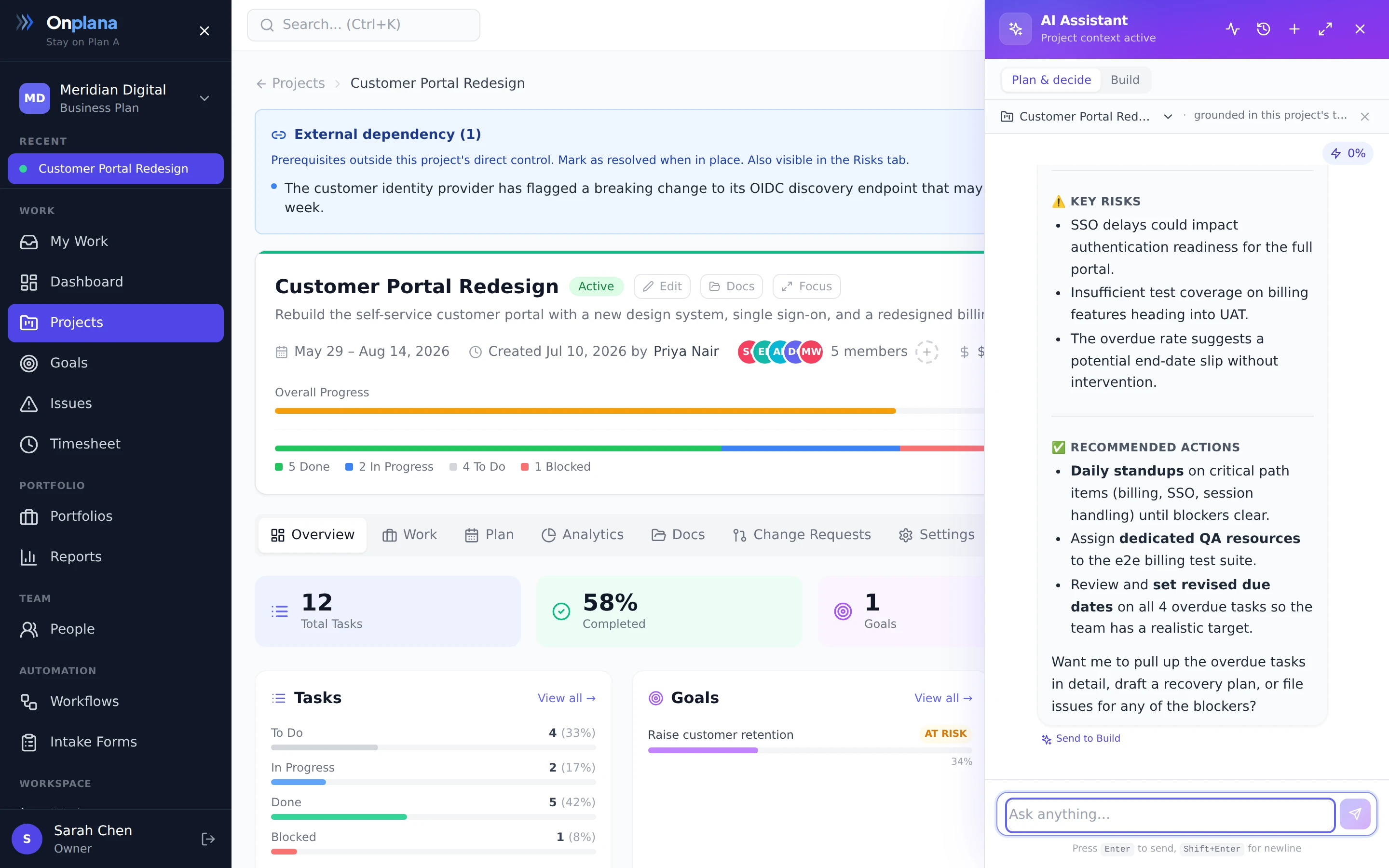 The AI Assistant panel open on the right side of a project, grounded in the project context, with suggested prompts such as what tasks are overdue and summarize my project status.