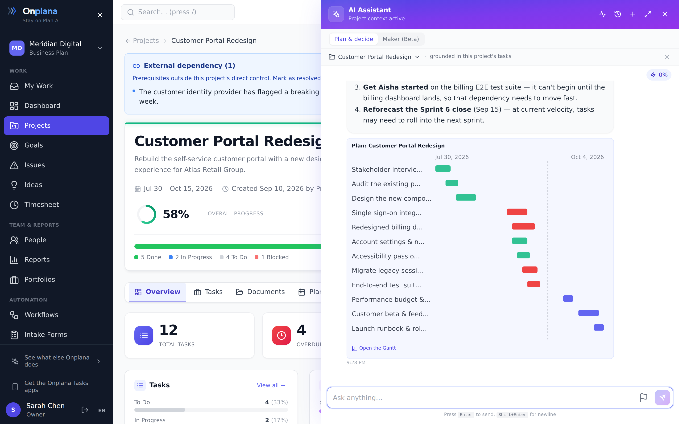 The AI assistant panel open on the right side of a project, grounded in the project context, with suggested prompts such as what tasks are overdue and summarize my project status.
