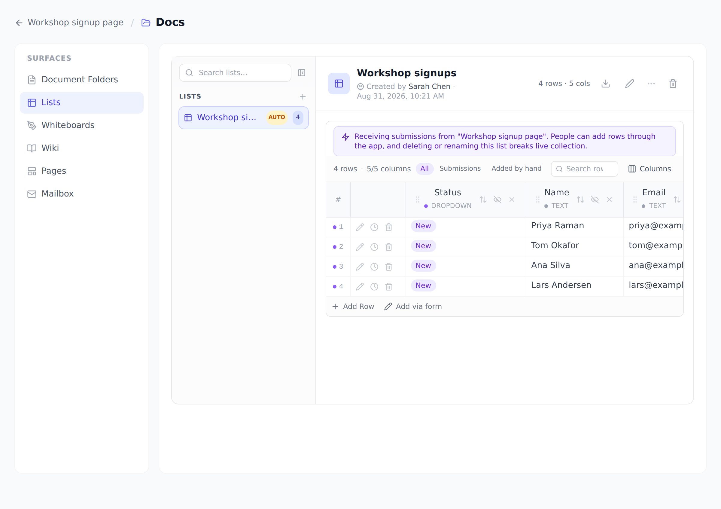 A submission list open under a project's Docs area. The list carries an AUTO badge in the sidebar, a violet banner saying it is receiving submissions from the app, an All / Submissions / Added by hand filter, a Status dropdown column, and violet dots beside each submitted row.