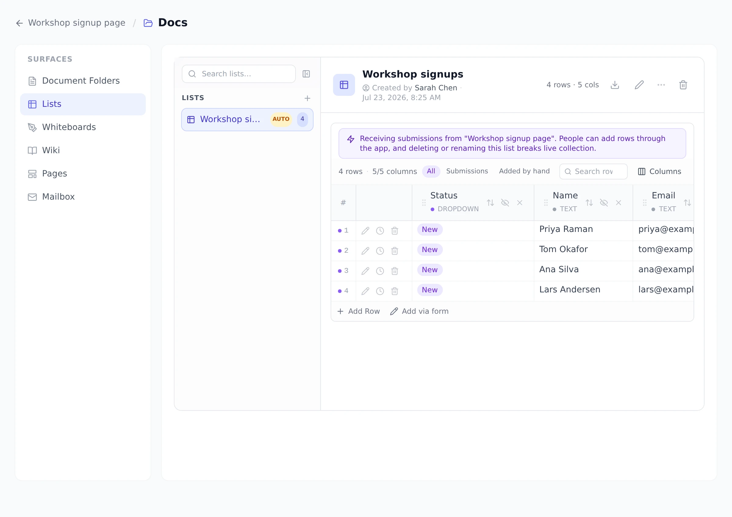 A submission list open under a project's Docs area. The list carries an AUTO badge in the sidebar, a violet banner saying it is receiving submissions from the app, an All / Submissions / Added by hand filter, a Status dropdown column, and violet dots beside each submitted row.