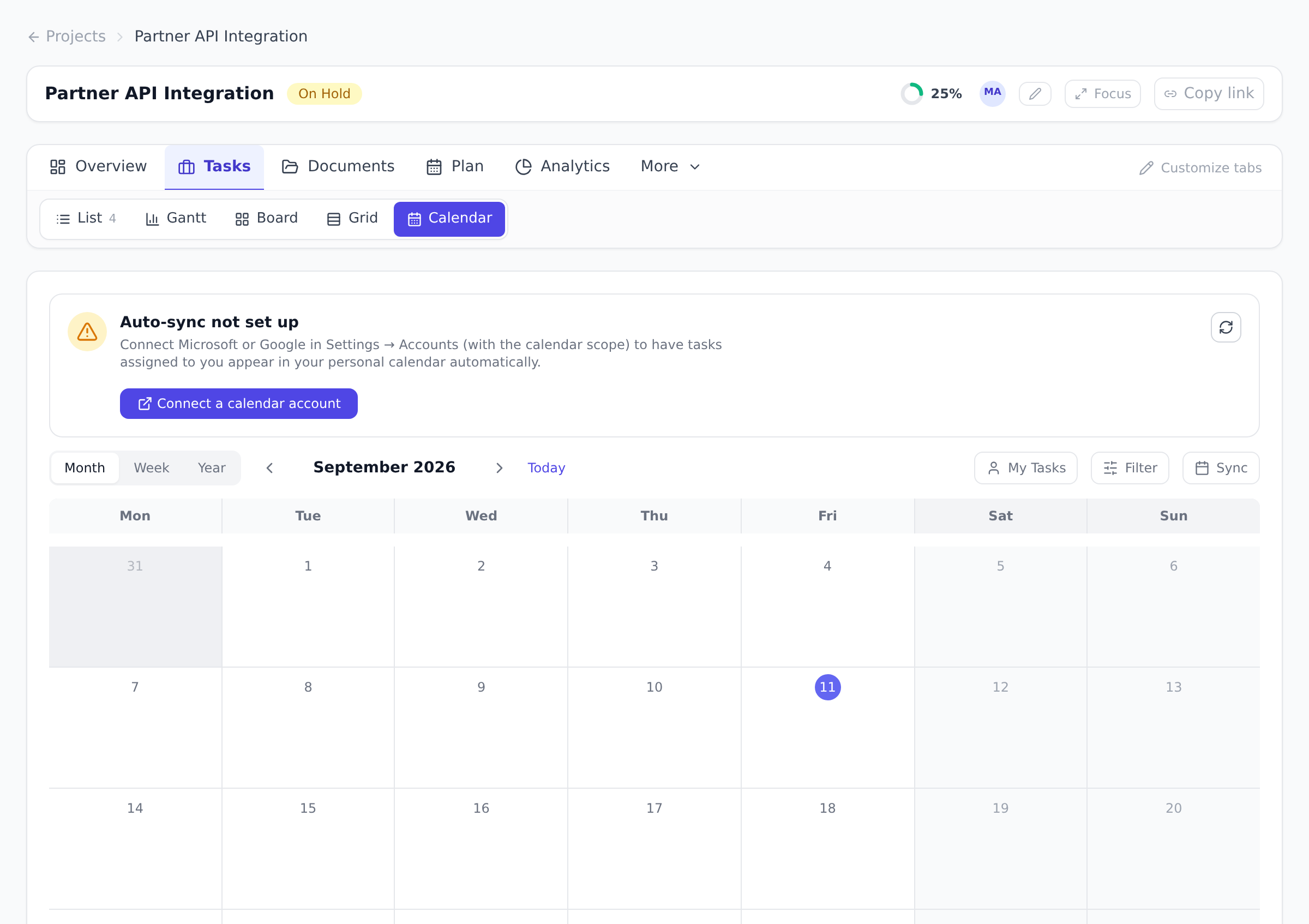 The project calendar view showing the month grid with month, week, and year toggles, a My Tasks filter, and the banner offering to connect a Microsoft or Google calendar account for auto-sync.