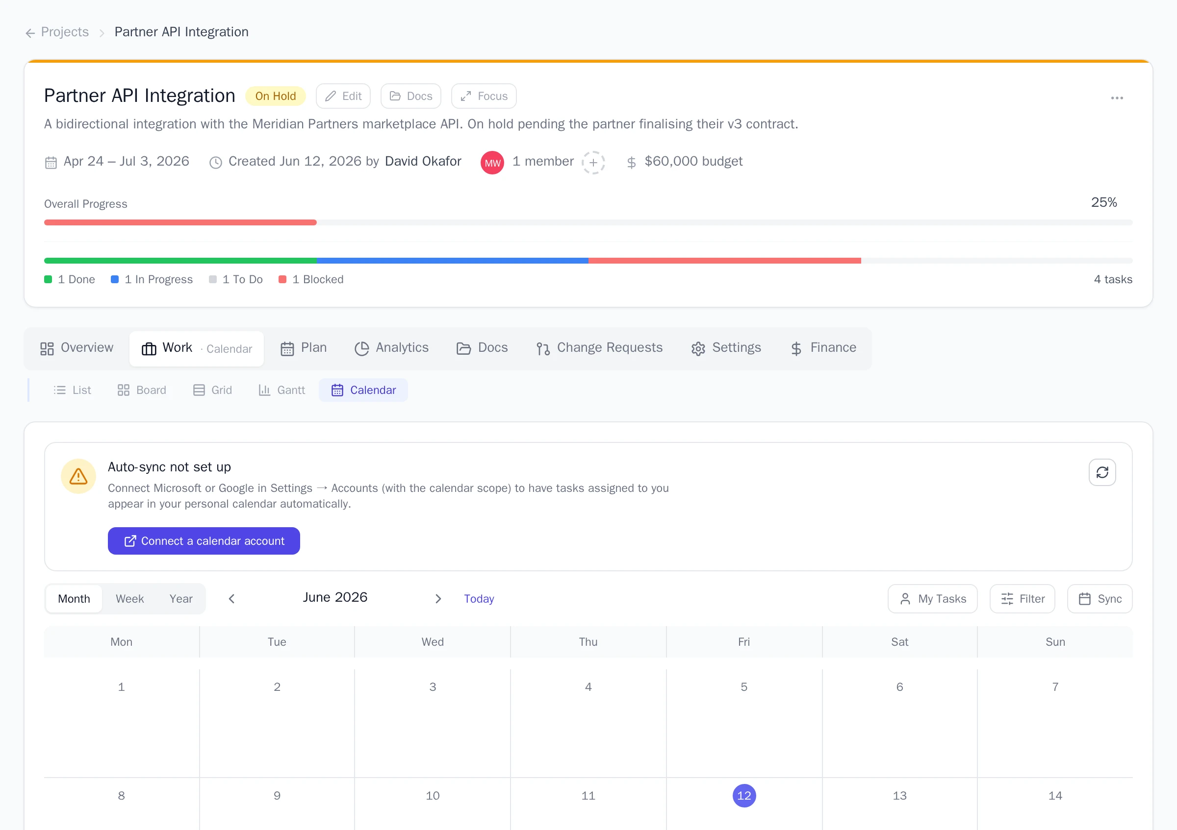 The project calendar view showing the month grid with month, week, and year toggles, a My Tasks filter, and the banner offering to connect a Microsoft or Google calendar account for auto-sync.