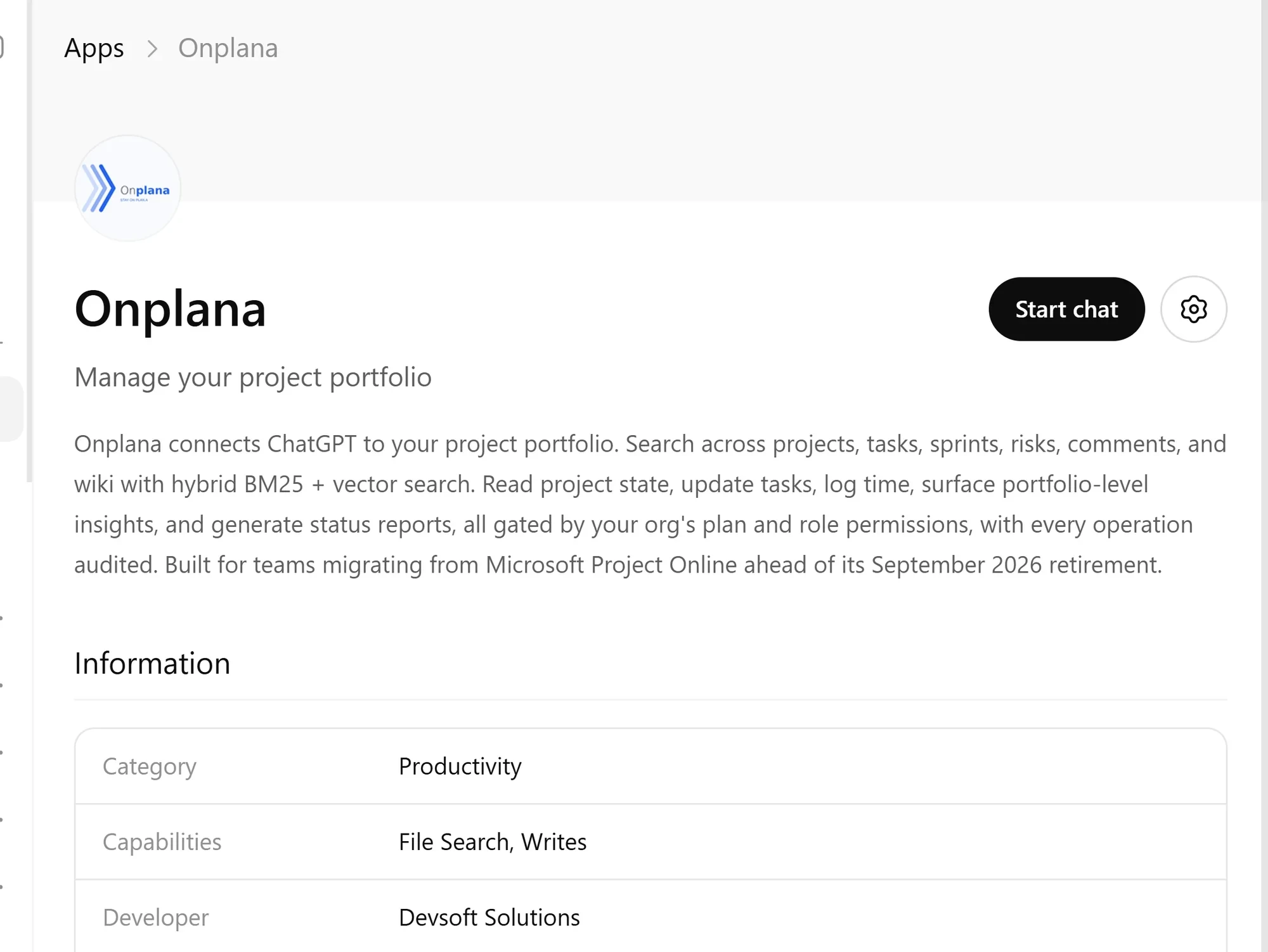 The Onplana app detail page in the ChatGPT connector directory: title Manage your project portfolio, Productivity category, capabilities File Search and Writes, developer Devsoft Solutions, and a Start chat button.