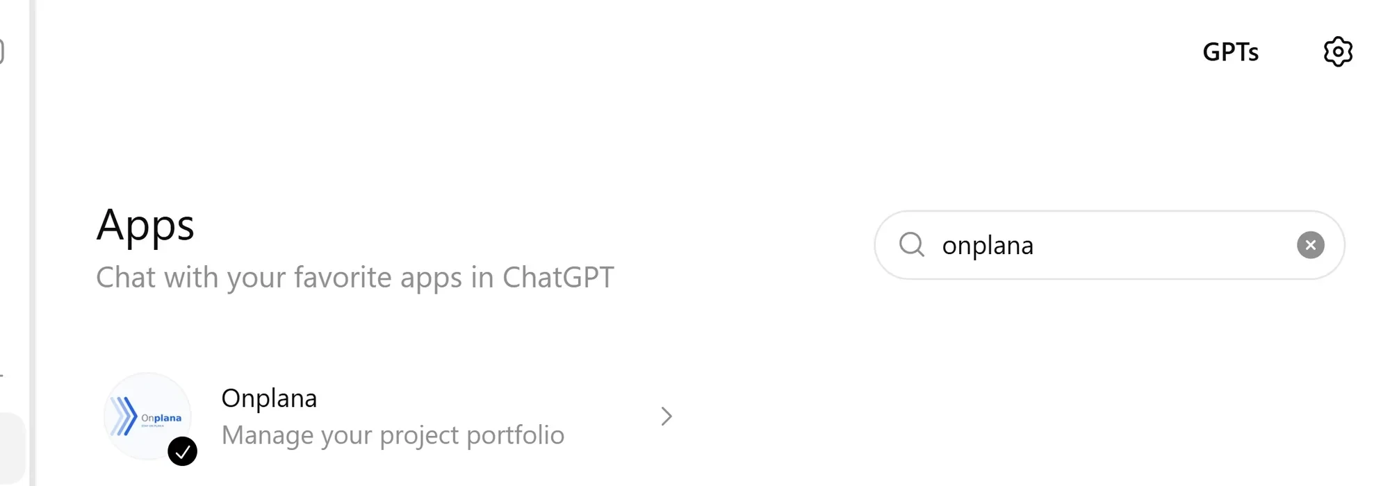 A search for onplana inside the ChatGPT connector directory returns the Onplana entry with its logo and the Manage your project portfolio tagline.