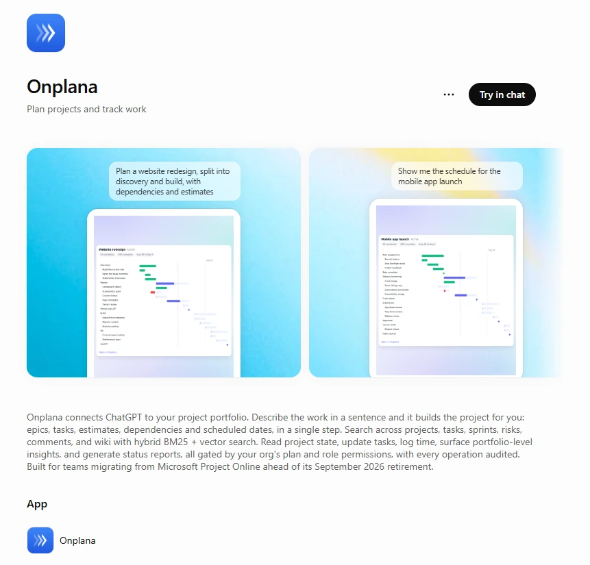 The Onplana page in the ChatGPT plugin directory: the subtitle Plan projects and track work, a Try in chat button, two example prompts shown over Gantt charts, and the listing description.