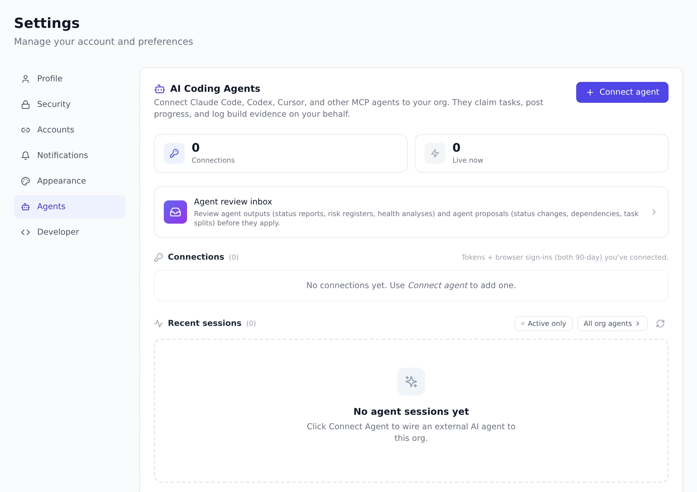 The Agents tab in Settings with the Connect agent button, connection and live-session counters, and a link to the agent review inbox.