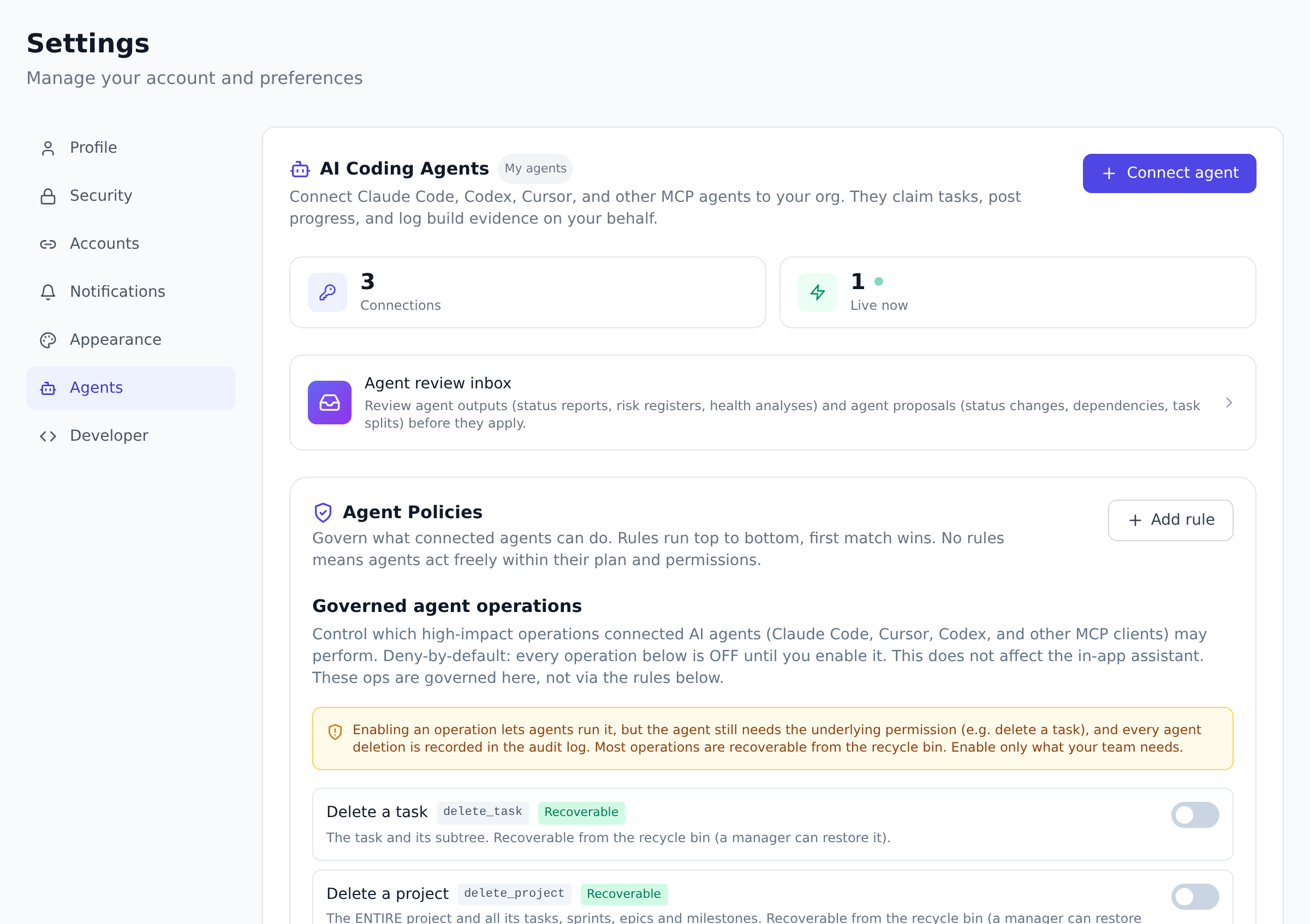 The Agents tab in Settings with the Connect agent button, connection and live-session counters, and a link to the agent review inbox.