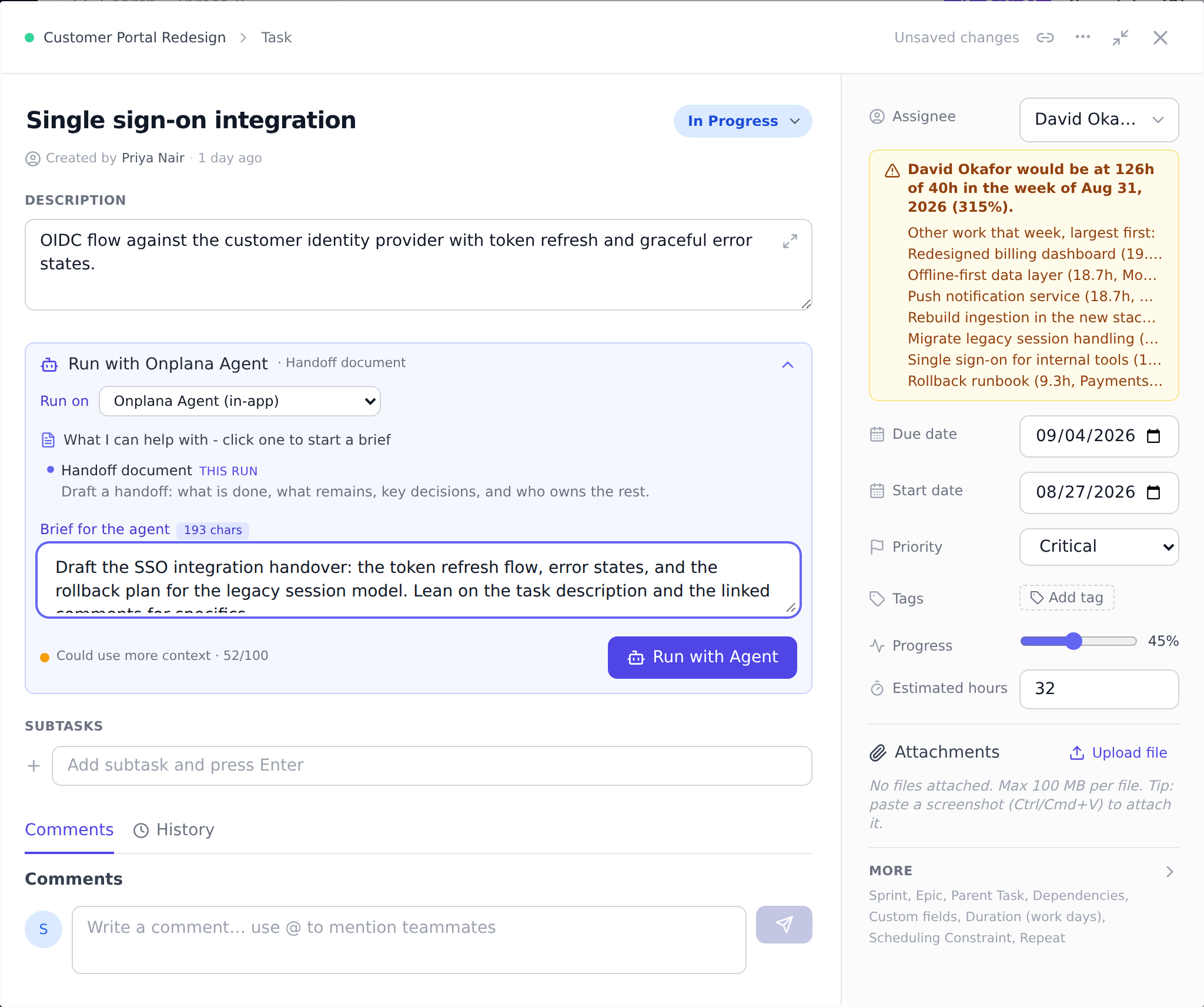 A task edit dialog with the Run with Onplana Agent panel expanded, showing the brief field, a context confidence meter, and the Run with Onplana Agent button.