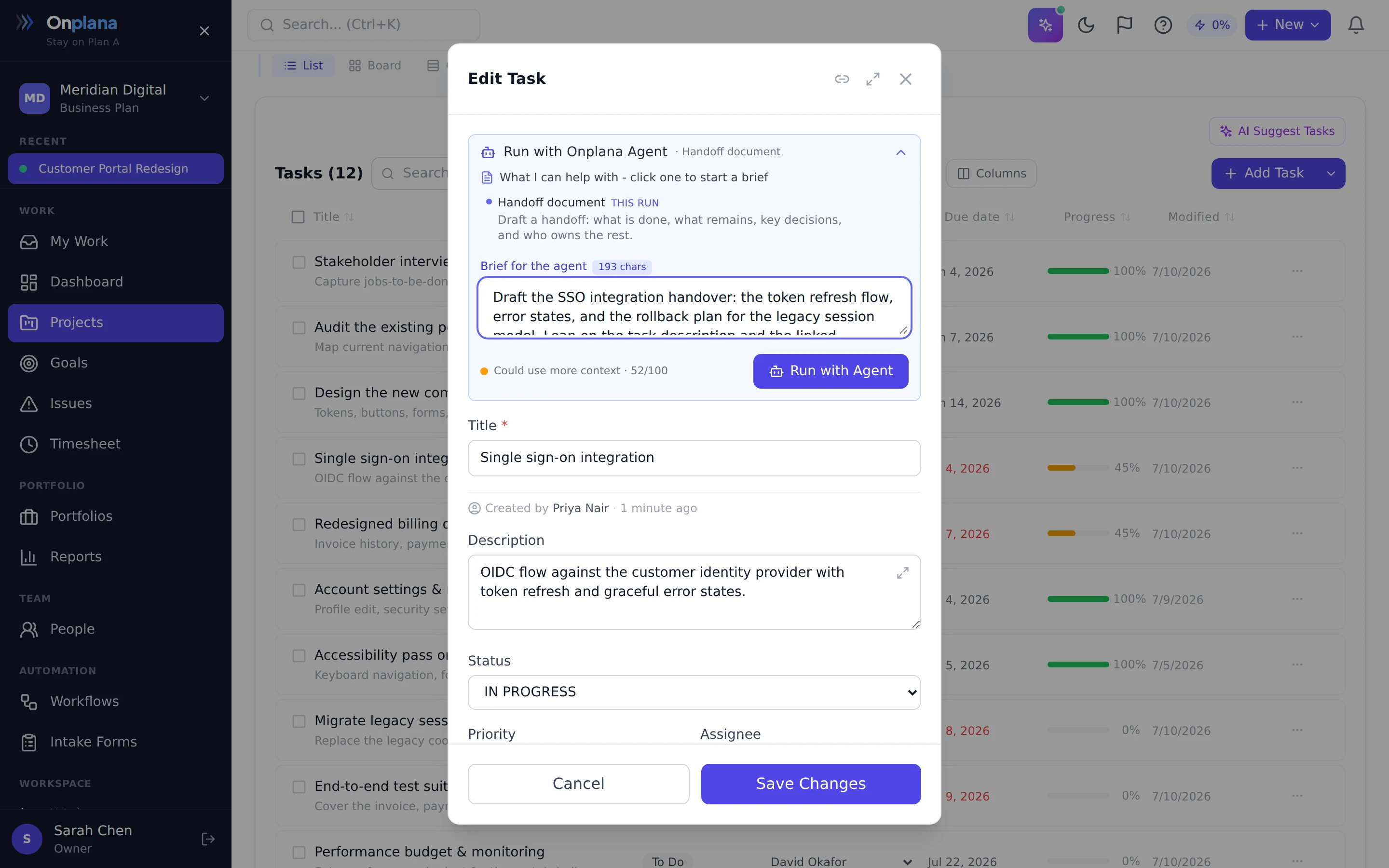 A task edit dialog with the Run with Onplana Agent panel expanded, showing the brief field, a context confidence meter, and the Run with Agent button.