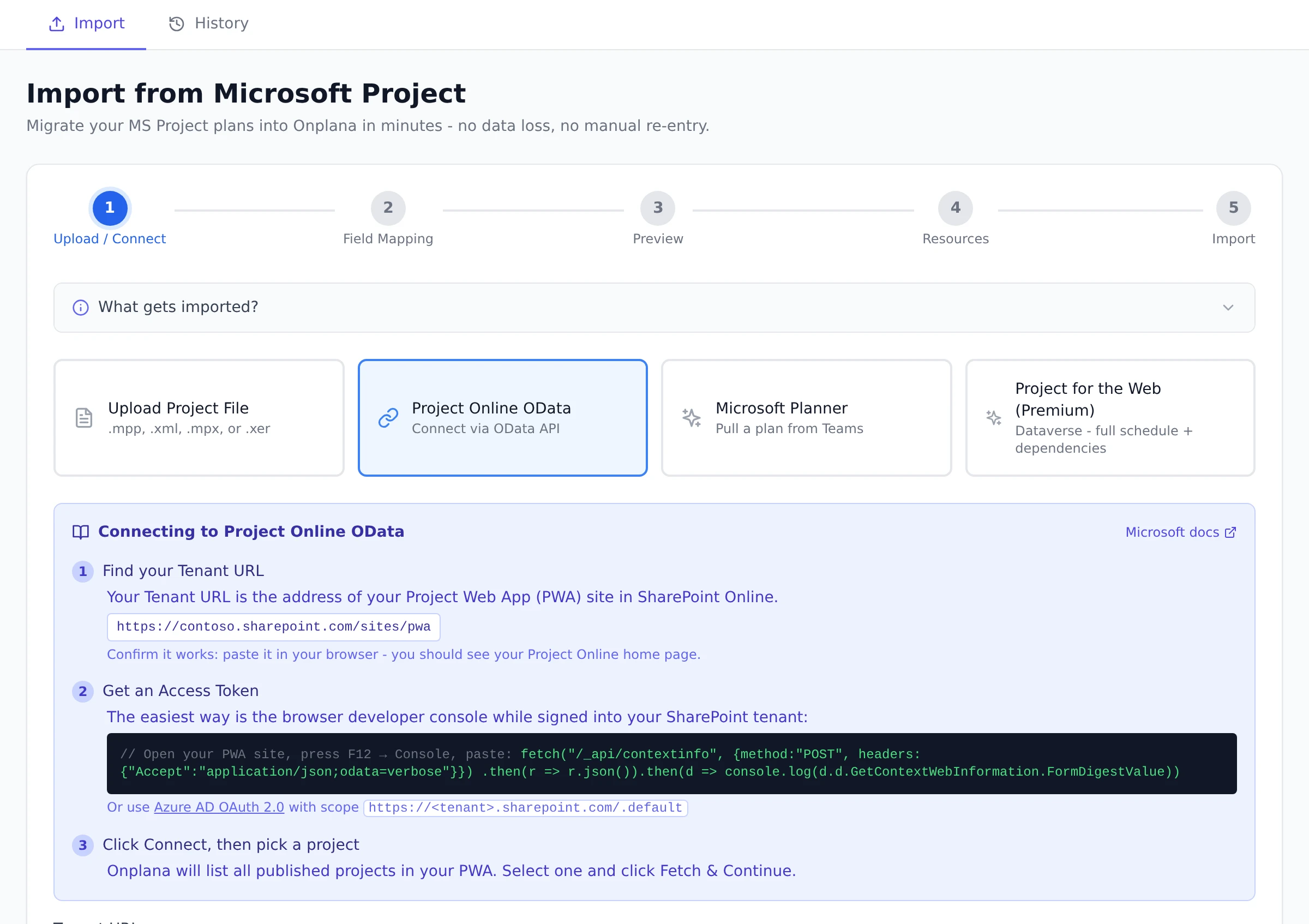 The Onplana import screen with the Project Online OData source selected, showing the connection guide for finding your Tenant URL and getting an access token.