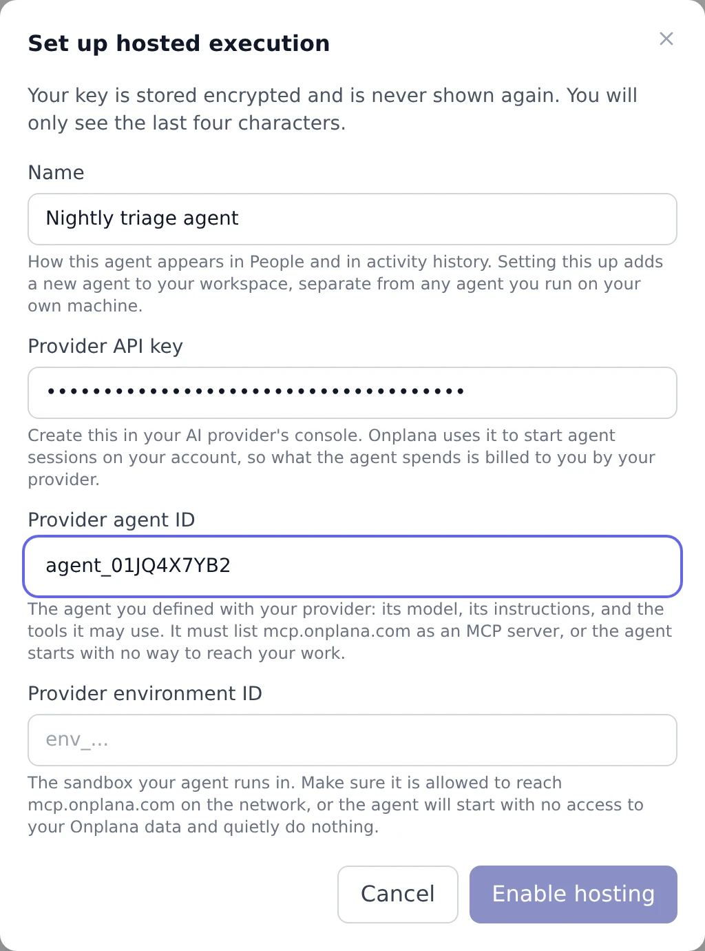 The Set up hosted execution dialog in Settings, Agents, showing the name field, the provider API key field, the provider agent ID field, and the provider environment ID field with its note that the sandbox must be allowed to reach mcp.onplana.com.