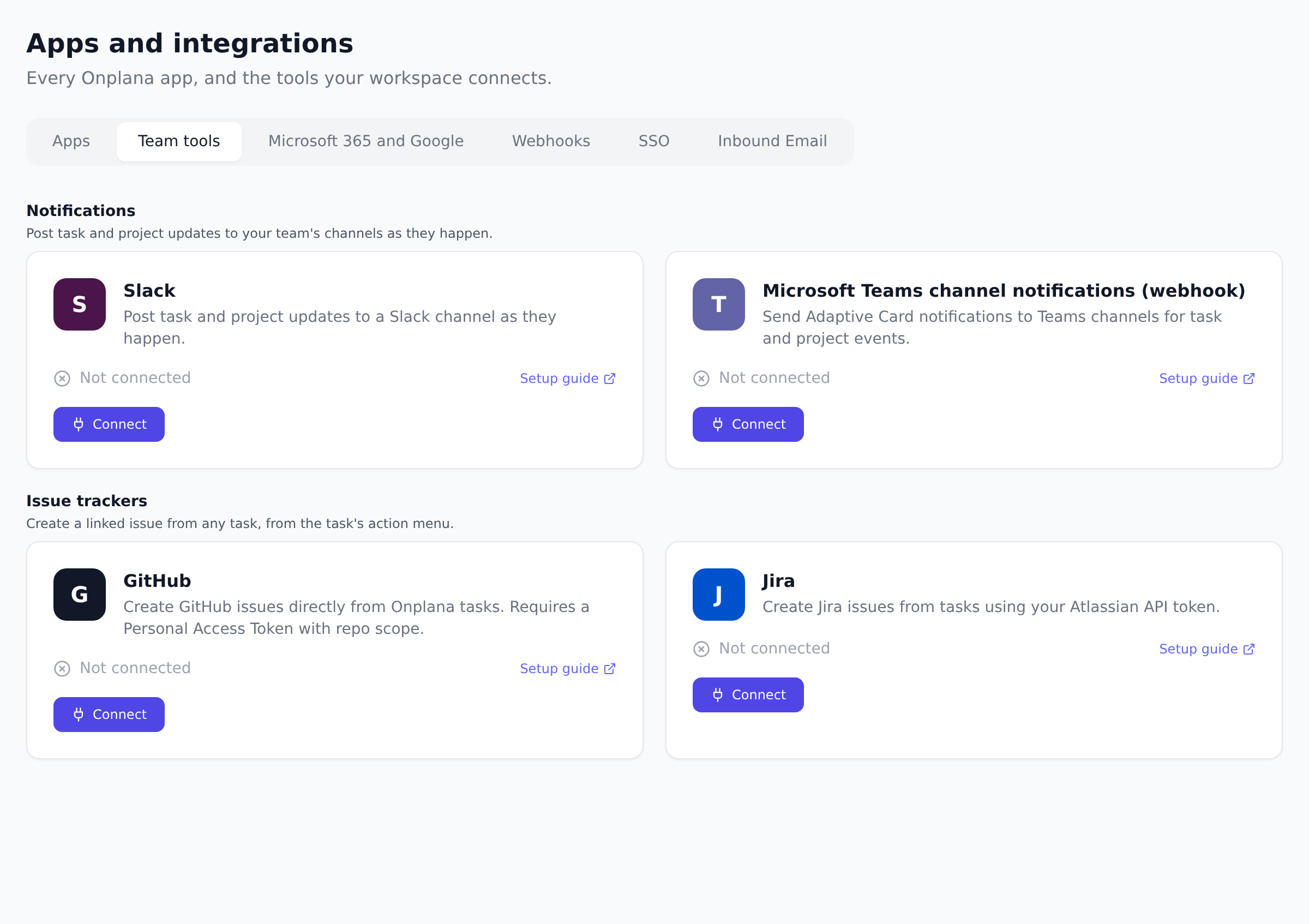 The Team tools tab of Apps and integrations. Under Notifications, Slack and Microsoft Teams channel notifications (webhook); under Issue trackers, GitHub and Jira. Each card says Not connected, with a Setup guide link and a Connect button.