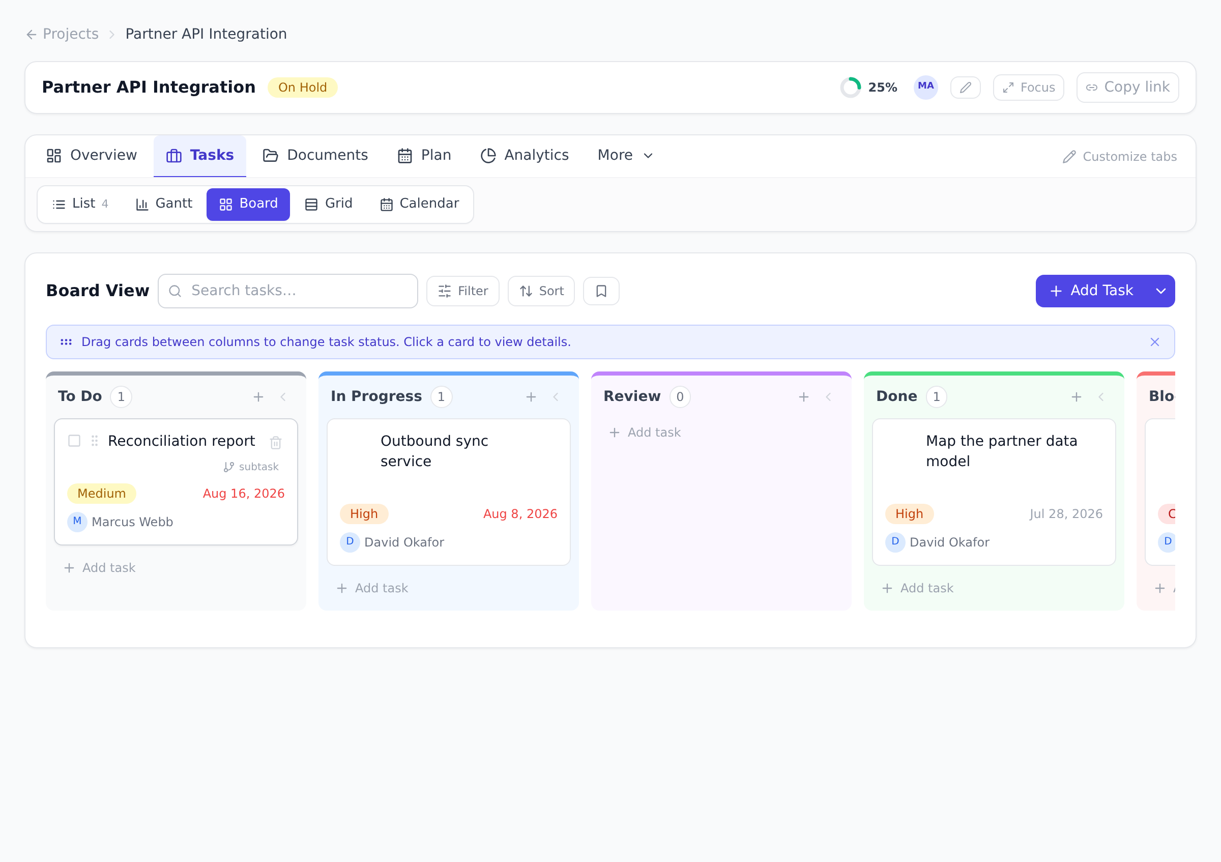 The Kanban board view with To Do, In Progress, Review, and Done columns, task cards showing priority and due date, and an Add task button in each column.