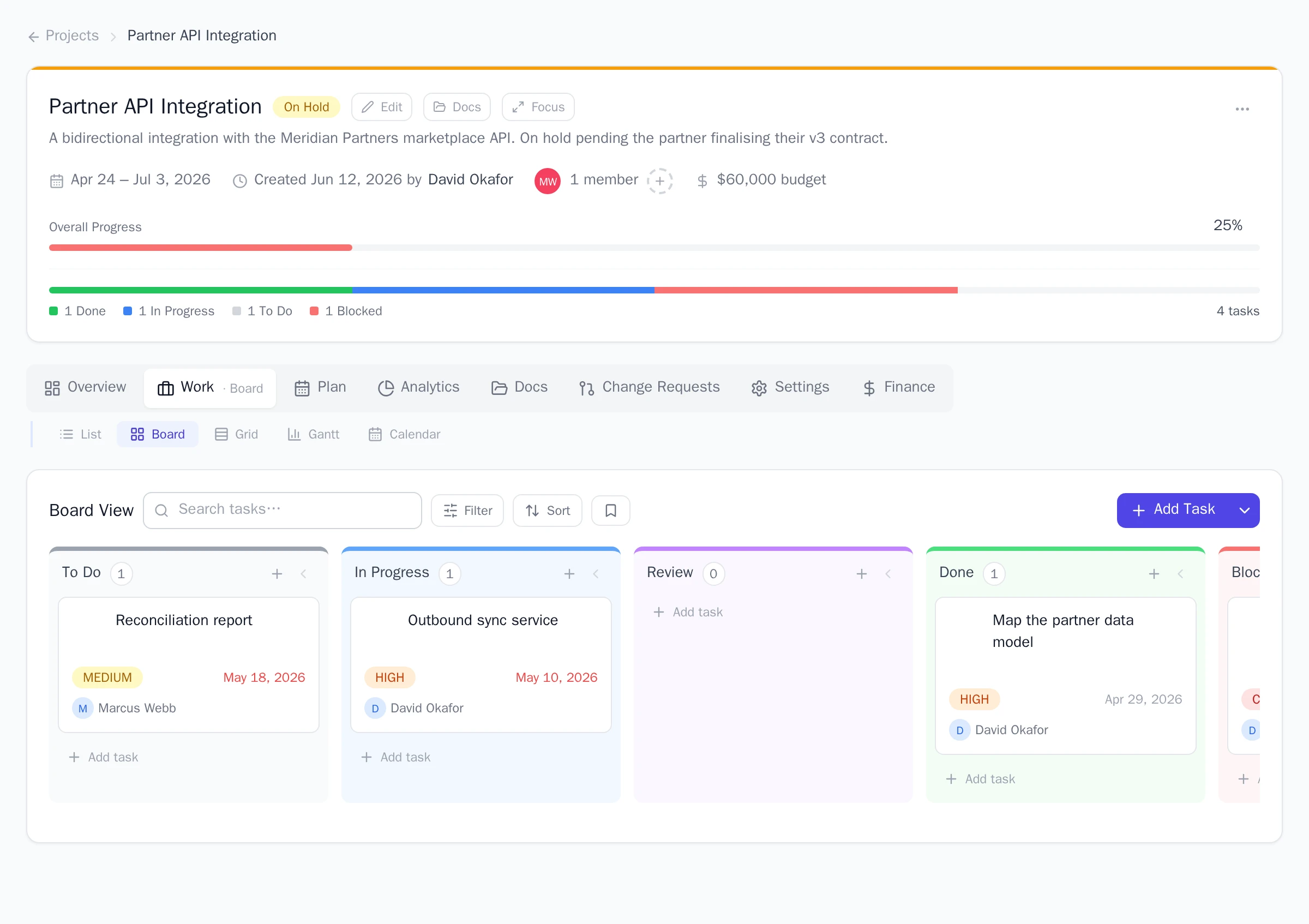 The Kanban board view with To Do, In Progress, Review, and Done columns, task cards showing priority and due date, and an Add task button in each column.