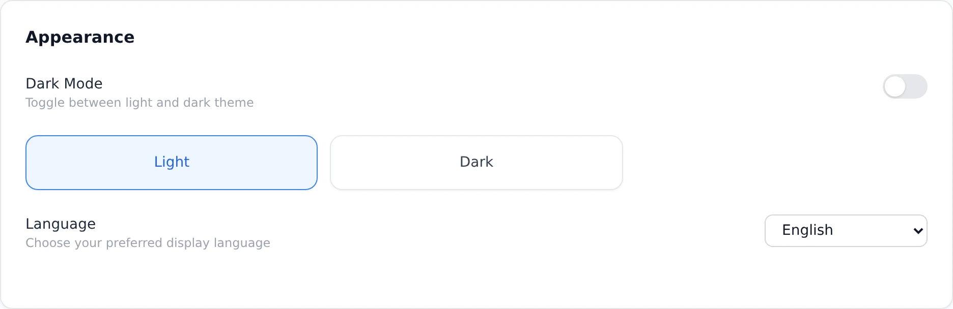 The Appearance tab in Settings, showing the Dark Mode toggle with Light and Dark options above a Language row whose dropdown is set to English.