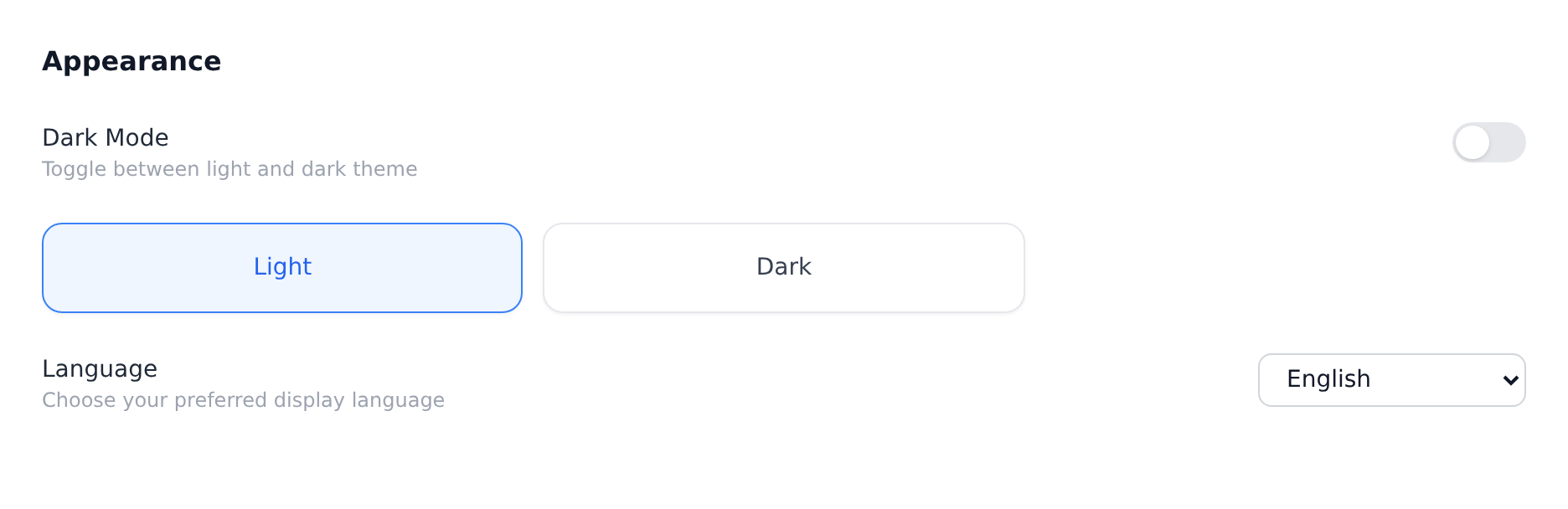 The Appearance tab in Settings, showing the Dark Mode toggle with Light and Dark options above a Language row whose dropdown is set to English.