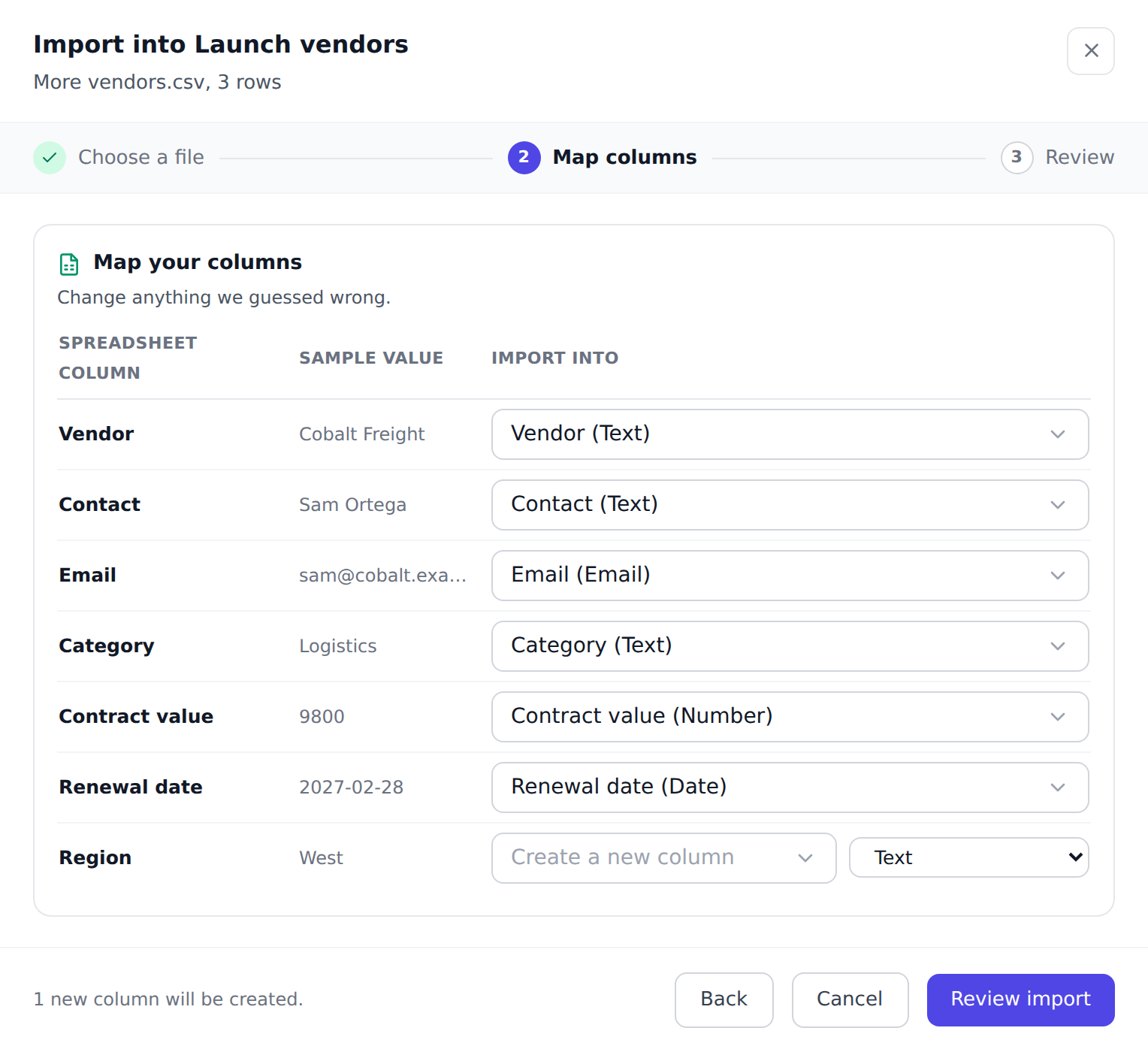 The Map your columns step for a file with seven columns going into the Launch vendors list: six matched by name to the list's existing columns, and Region going to a new column, with a sample value beside each.