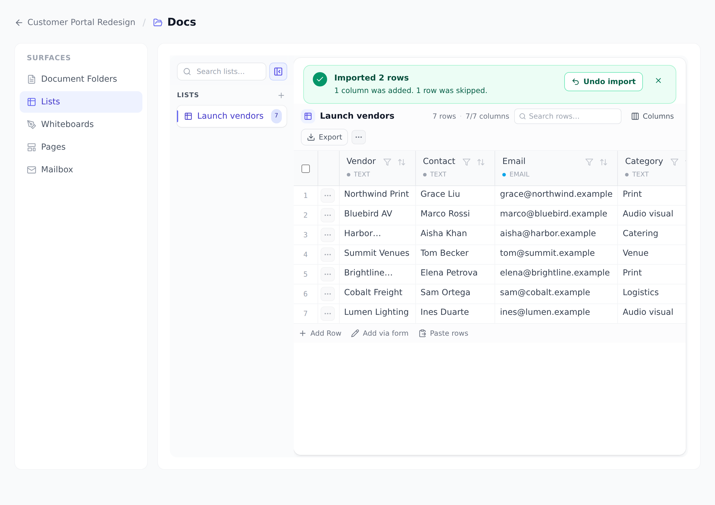 The Launch vendors list after an import, with a green banner above it: Imported 2 rows. 1 column was added. 1 row was skipped. An Undo import button and a close button sit on the right of the banner, and the two new rows, Cobalt Freight and Lumen Lighting, are at the foot of the list.