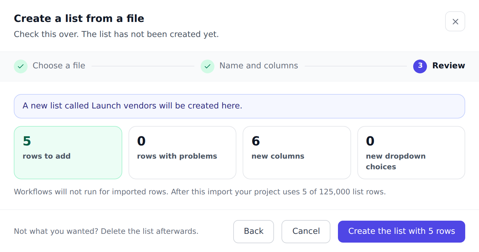 The Review step: A new list called Launch vendors will be created here, then four tiles, 5 rows to add, 0 rows with problems, 6 new columns and 0 new dropdown choices, and the note that workflows will not run for imported rows and how many list rows the project will use. The button reads Create the list with 5 rows.