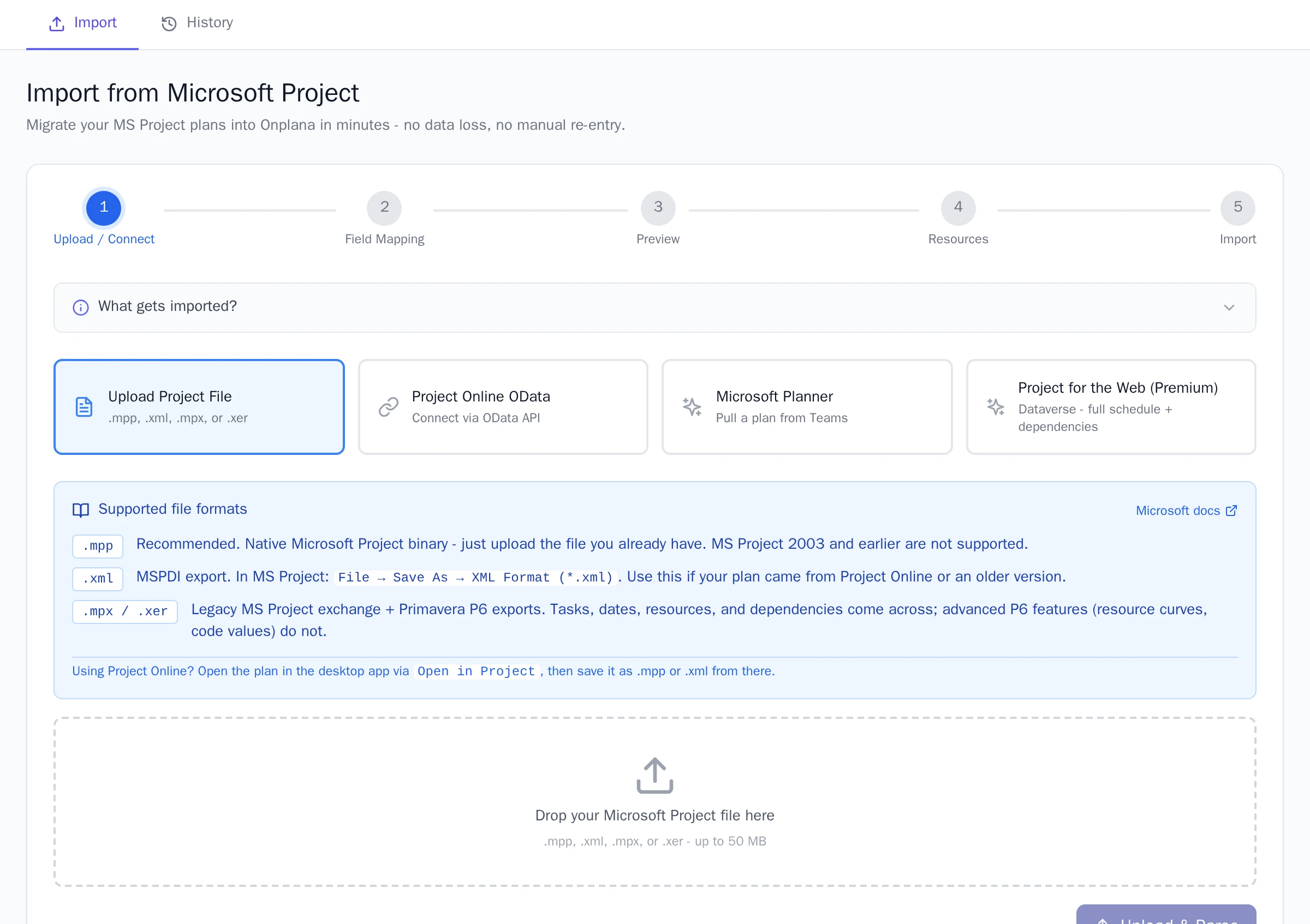 The Onplana import screen, showing the five-step wizard (Upload, Field Mapping, Preview, Resources, Import), the list of supported file formats, and the area to drop a Microsoft Project file.