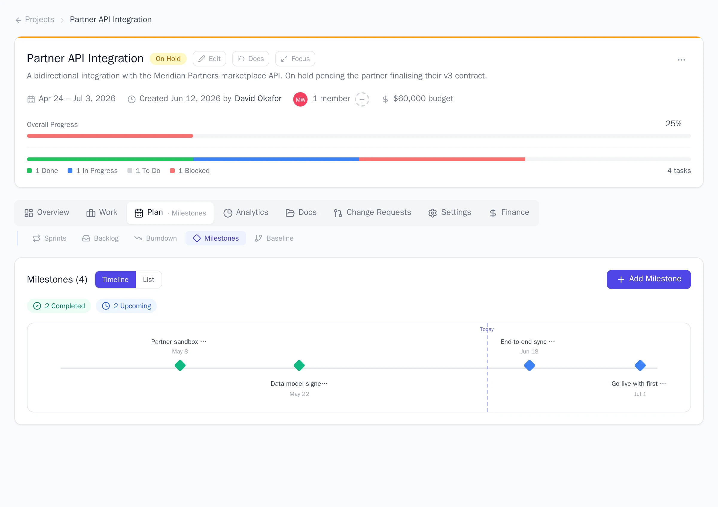 The Milestones tab in timeline view, showing four milestones as diamond markers along the project timeline with completed and upcoming status chips above.