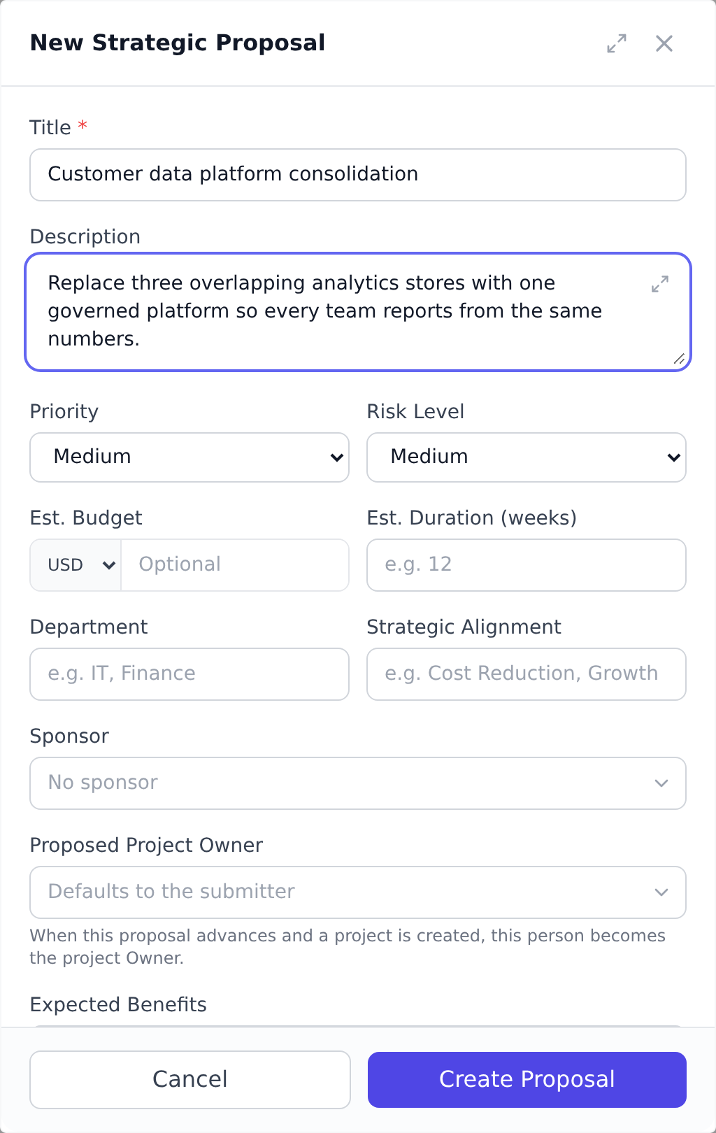 The New Strategic Proposal dialog with a drafted title and description, priority and risk level selectors, budget and duration fields, and sponsor and proposed project owner pickers.
