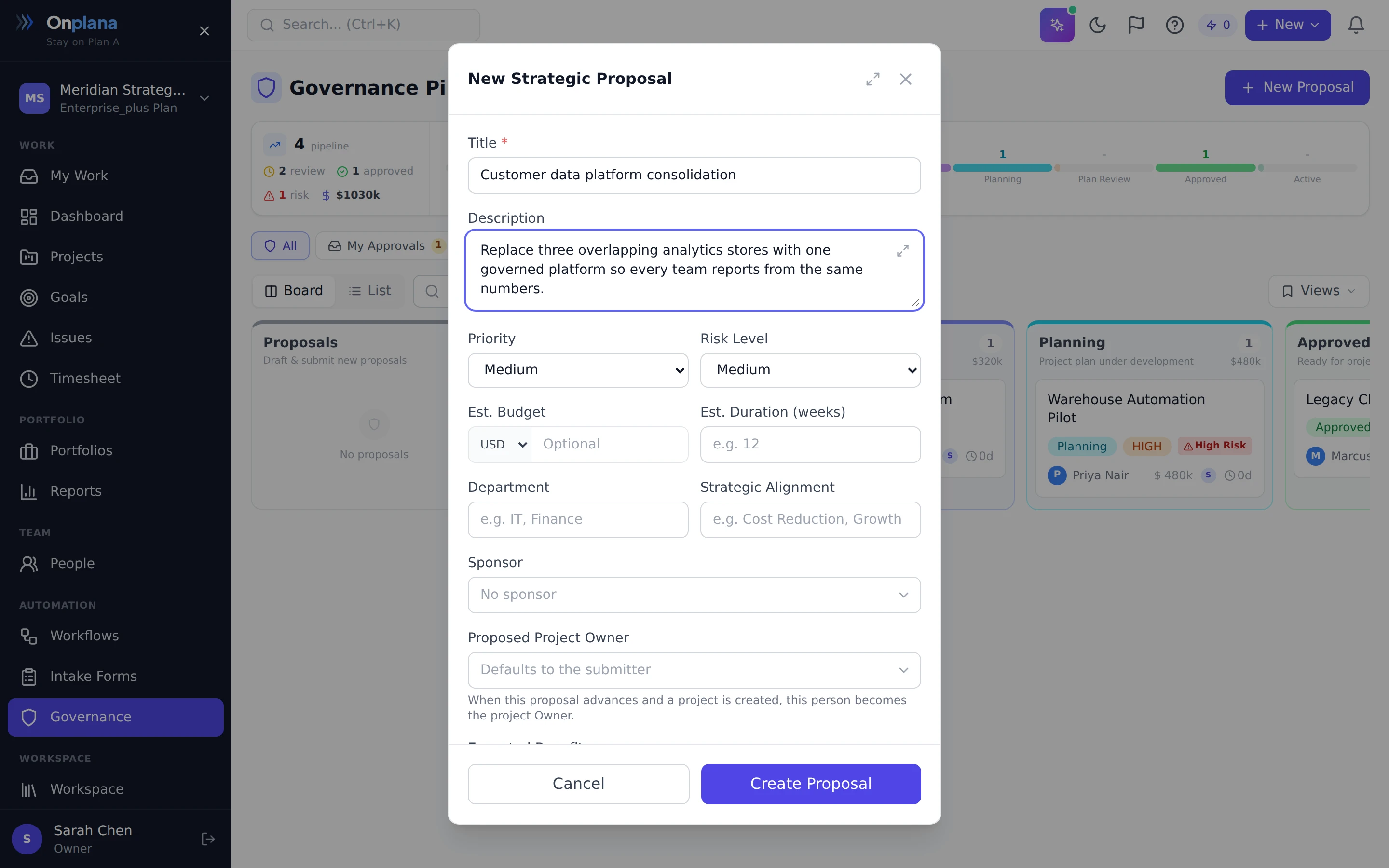 The New Strategic Proposal dialog with a drafted title and description, priority and risk level selectors, budget and duration fields, and sponsor and proposed project owner pickers.