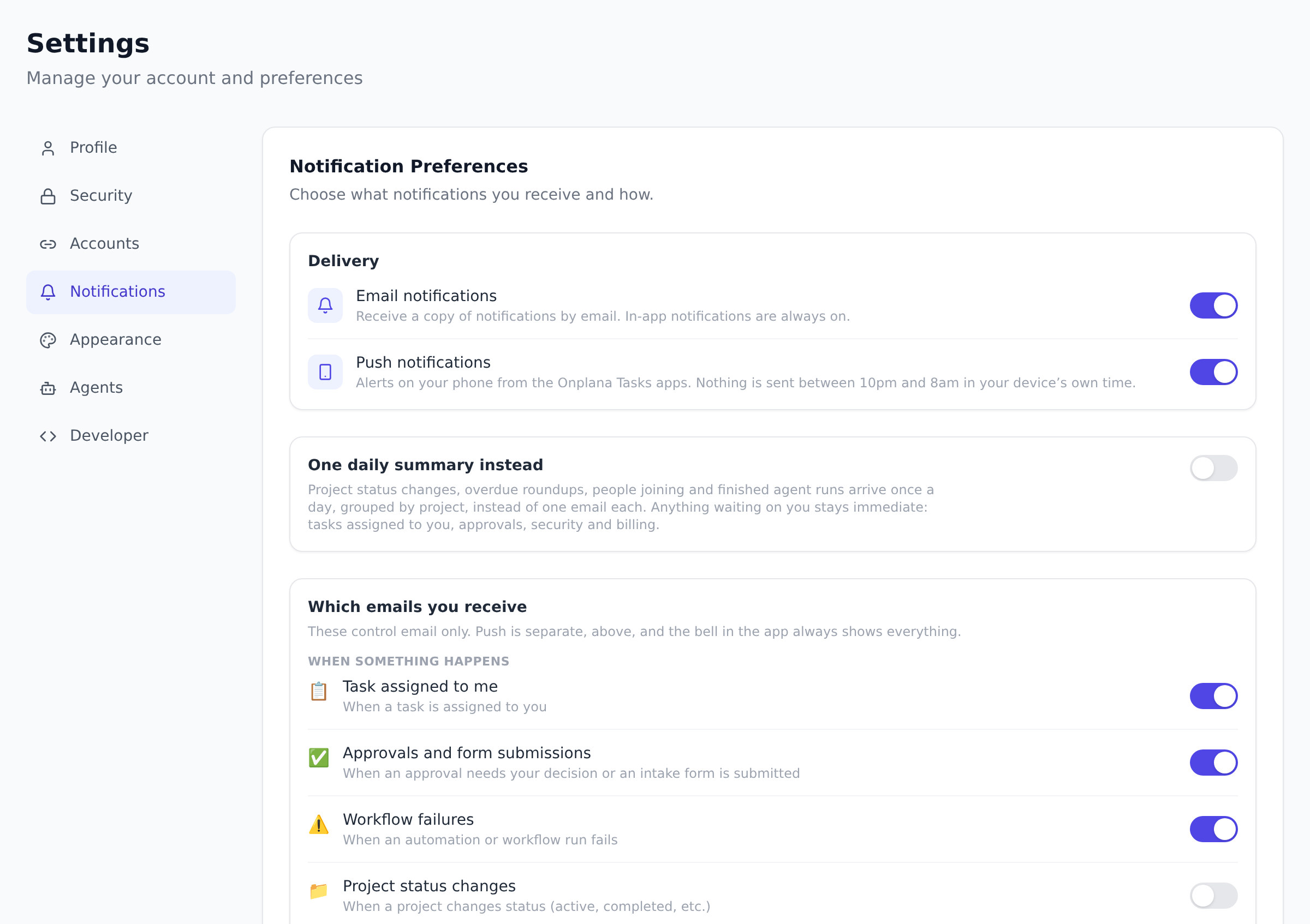 The Notification Preferences tab in Settings with the email delivery toggle at the top and per-event toggles for task assignments, overdue alerts, project status changes, digests, timesheet emails, approvals, and workflow failures.