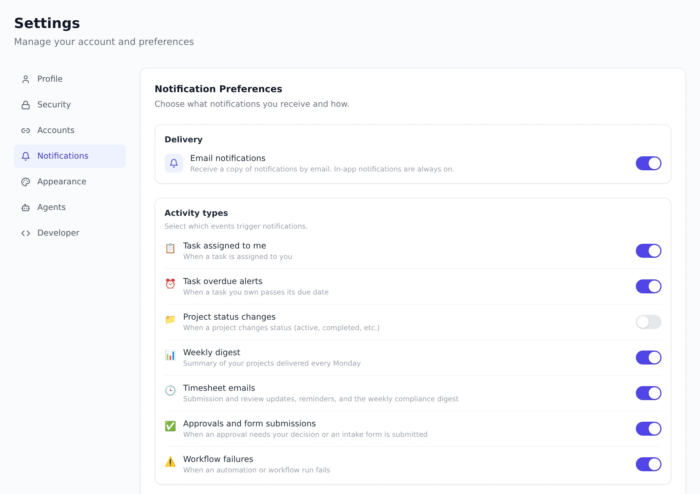 The Notification Preferences tab in Settings with the email delivery toggle at the top and per-event toggles for task assignments, overdue alerts, project status changes, digests, timesheet emails, approvals, and workflow failures.