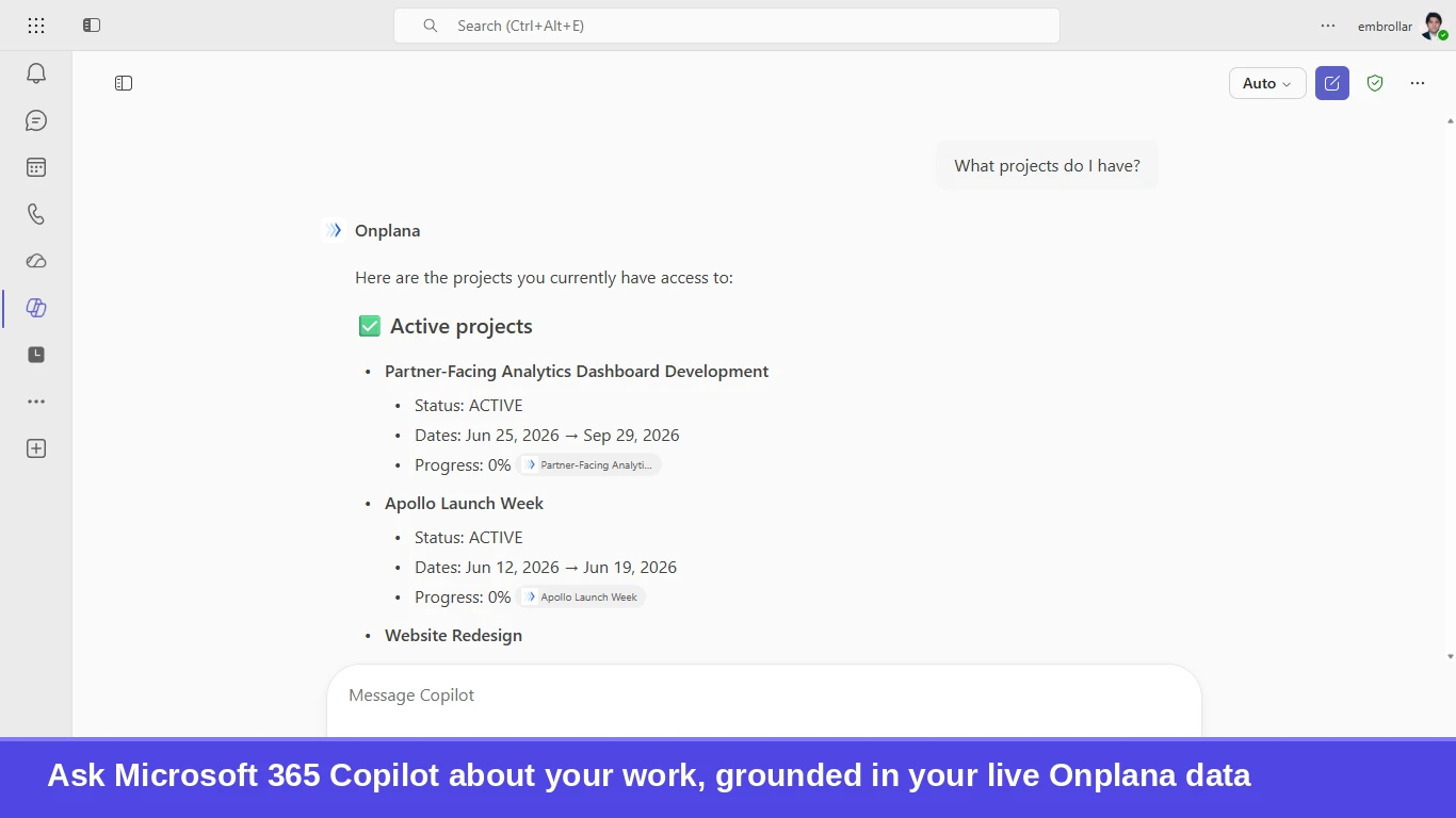 Microsoft 365 Copilot answering the question 'What projects do I have?' with a grounded list of the user's active Onplana projects.