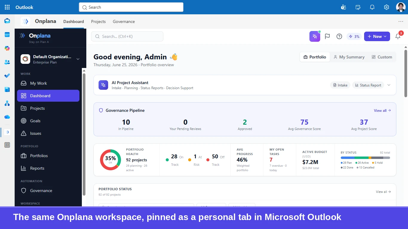 The same Onplana Dashboard pinned as a personal tab inside Microsoft Outlook.