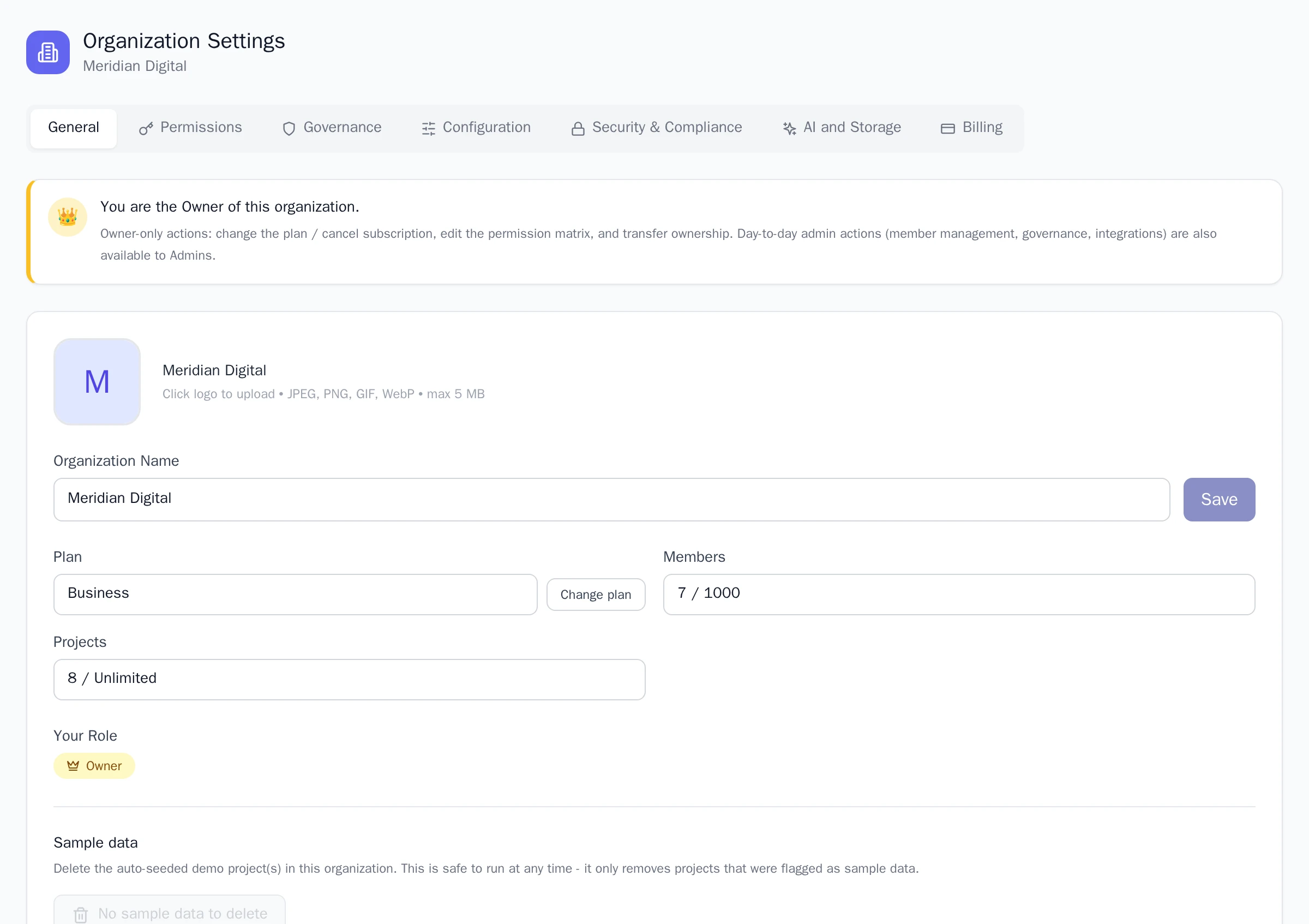 The Organization Settings General tab, showing the logo upload, organization name field, current plan with a Change plan button, and member and project counts.