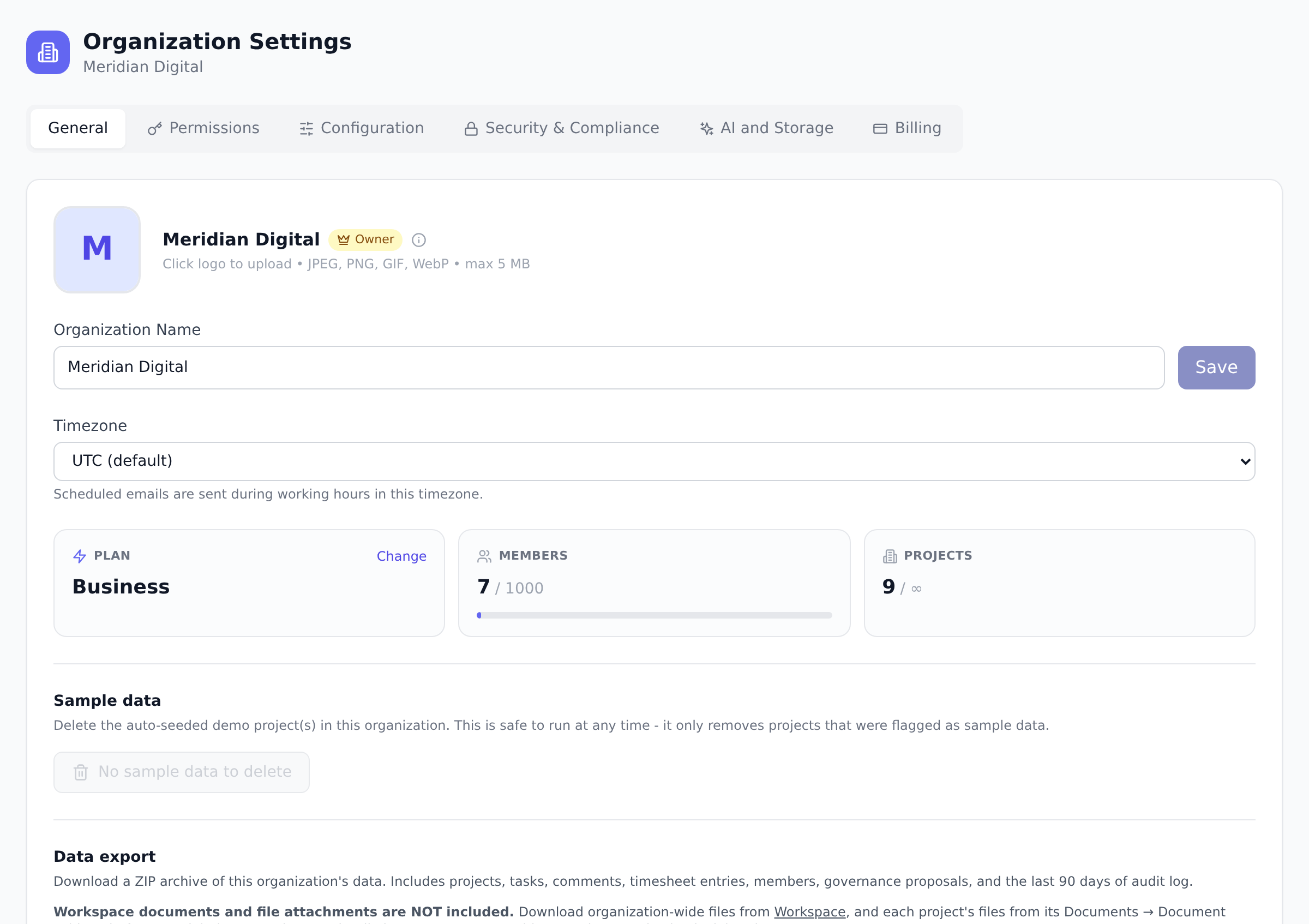 The Organization Settings General tab, showing the logo upload, organization name field, current plan with a Change plan button, and member and project counts.