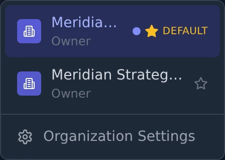 The open organization switcher listing two organizations. The current default carries a filled amber star and a DEFAULT label; the other shows an outline star for making it the default instead.