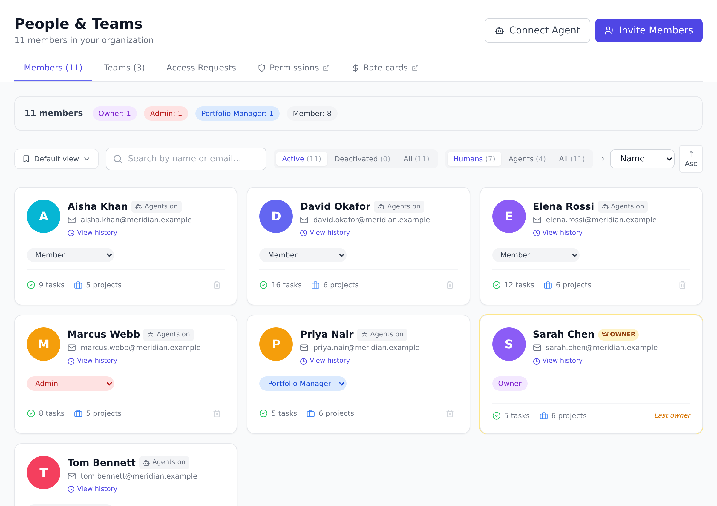 The People page in Onplana, showing the member list with role distribution, search and filter controls, and the Invite Members button in the top right.