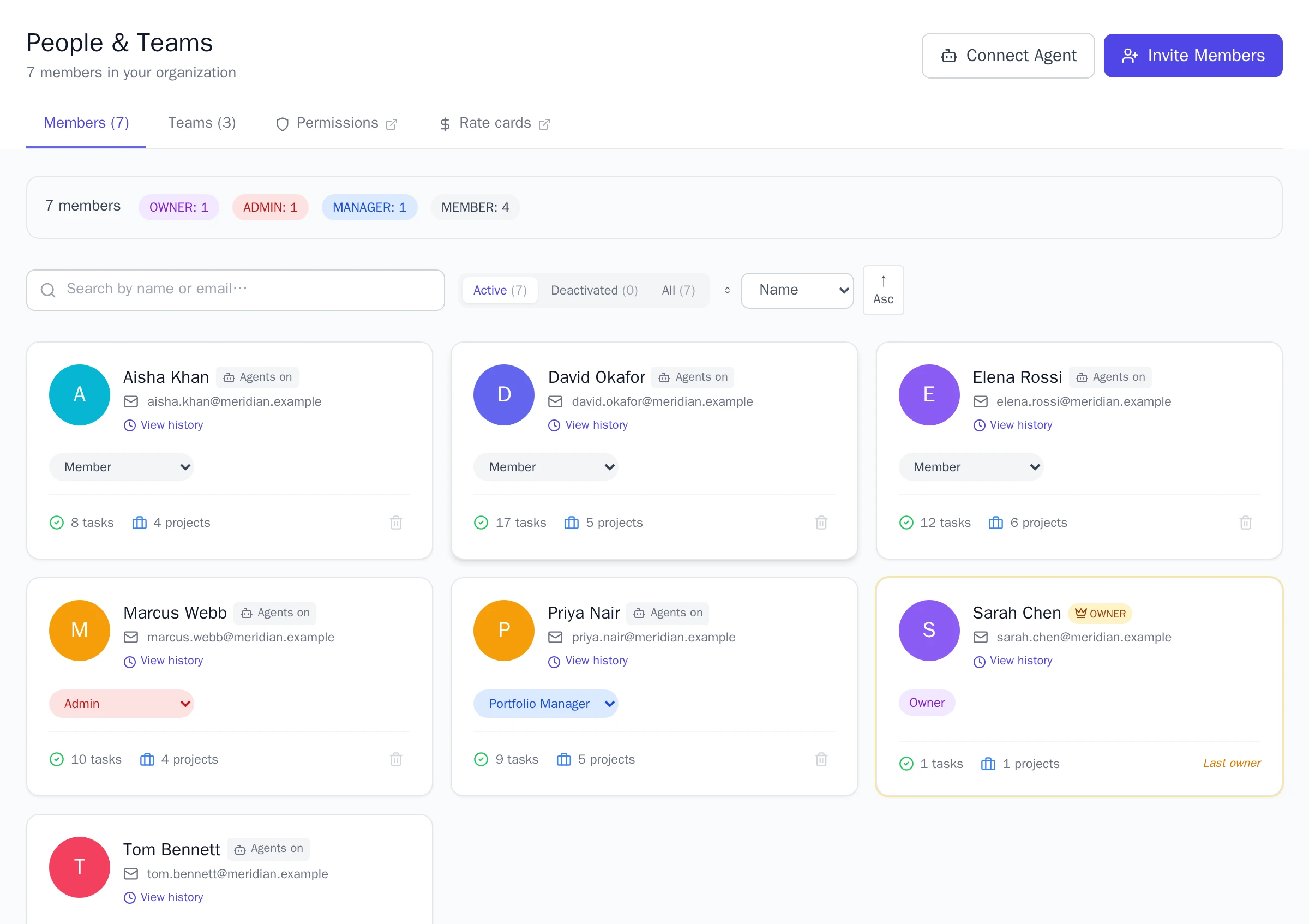 The People page in Onplana, showing the member list with role distribution, search and filter controls, and the Invite Members button in the top right.