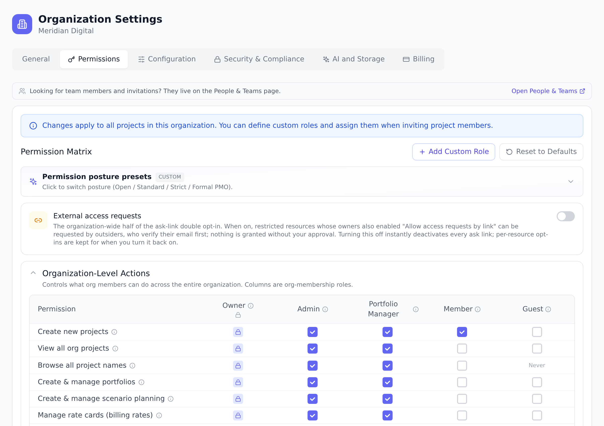The Permission Matrix in Organization Settings, with posture presets above the organization-level actions grid of checkboxes across the Owner, Admin, Portfolio Manager, Member, and Guest columns.