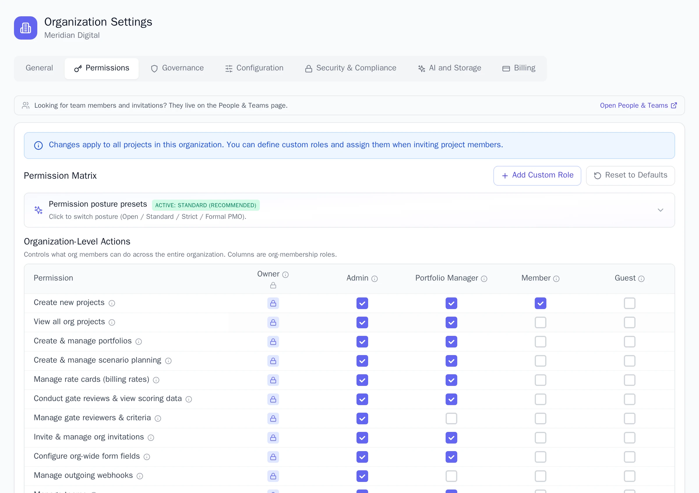 The Permission Matrix in Organization Settings, with posture presets above the organization-level actions grid of checkboxes across the Owner, Admin, Portfolio Manager, Member, and Guest columns.