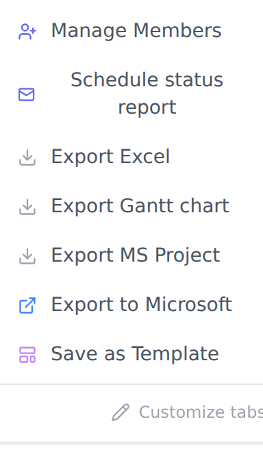 The Share or export list that opens beside the project header's overflow menu, listing Share a read-only link, Export Excel, Export Gantt chart, Export MS Project and Export to Microsoft.
