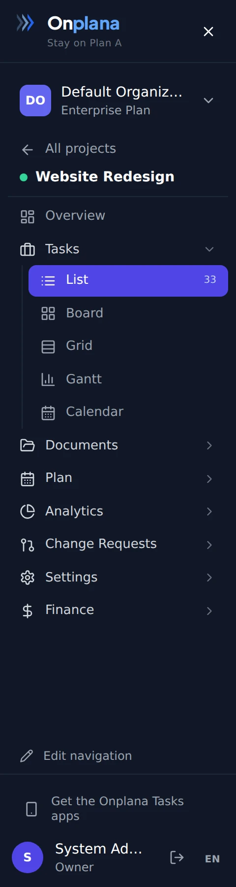 The project sidebar: an All projects back link above the project name Website Redesign with a green status dot, then Overview and the collapsible groups Tasks, Documents, Plan, Analytics, Change Requests, Settings and Finance. The Tasks group is open, showing List highlighted with a count of 33, then Board, Grid, Gantt and Calendar. An Edit navigation link sits at the foot.