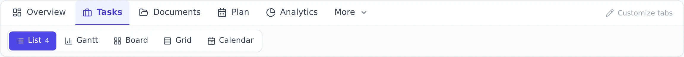 The project tab bar: Overview, Tasks, Documents, Plan and Analytics across the top row with a More menu, and the Tasks views underneath as List, Gantt, Board, Grid and Calendar. A Customize tabs link sits at the right.