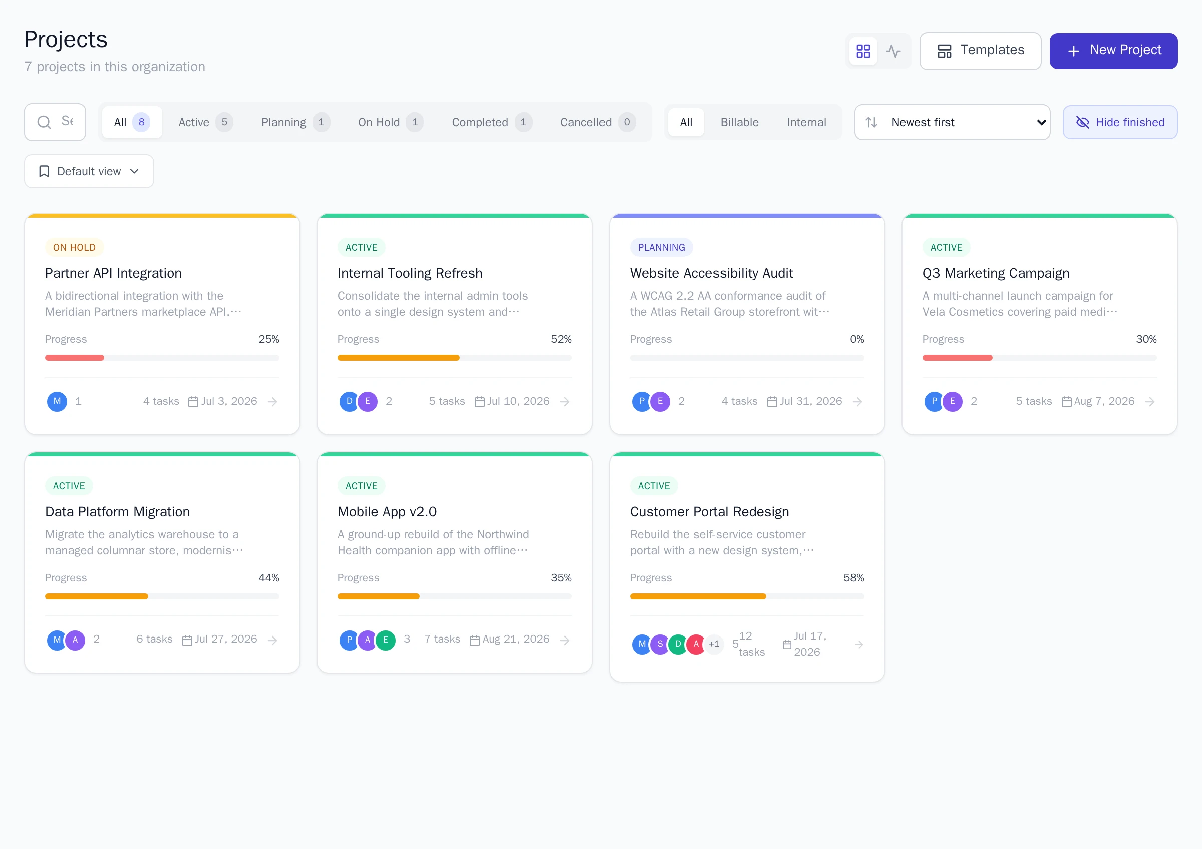 The Projects page in grid view, with status filter tabs, billable and internal filters, a sort selector, the Hide finished toggle, and the saved views menu.