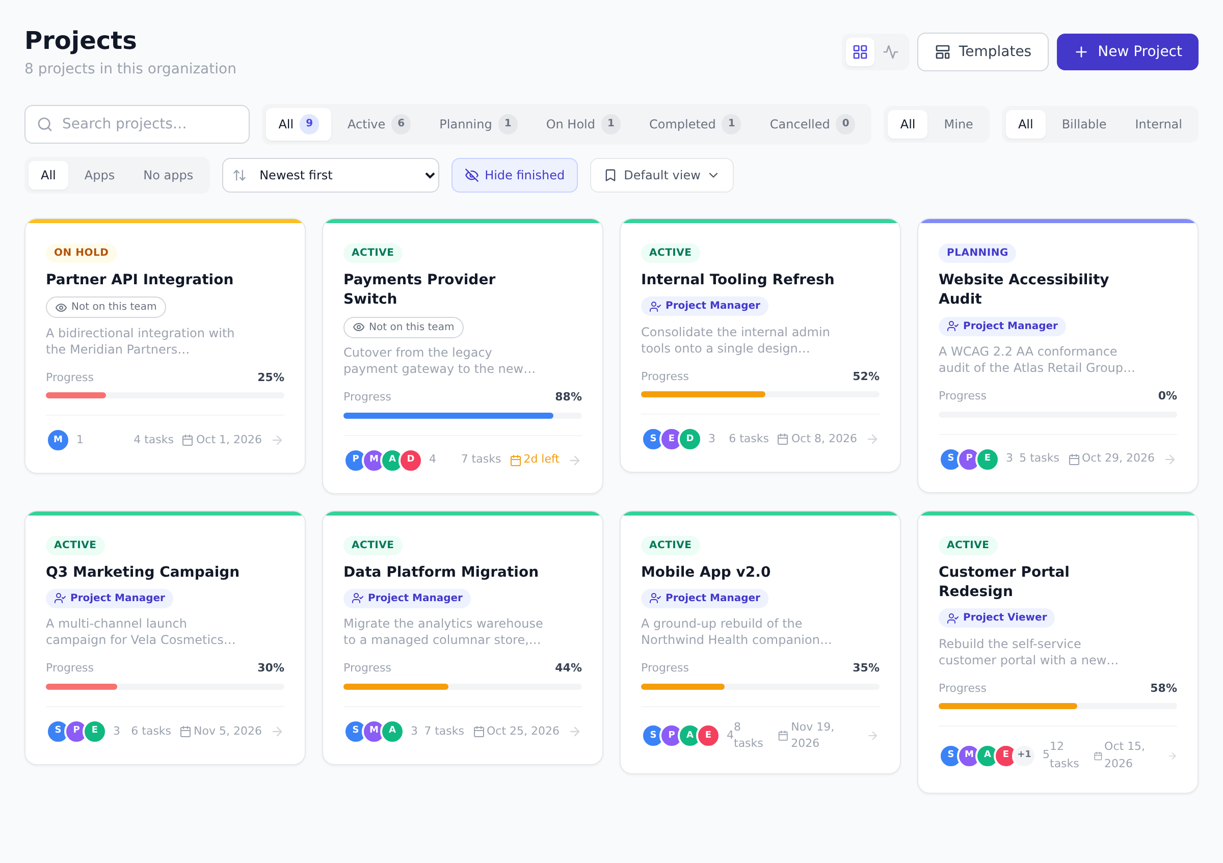 The Projects page in grid view, with status filter tabs, billable and internal filters, a sort selector, the Hide finished toggle, and the saved views menu.