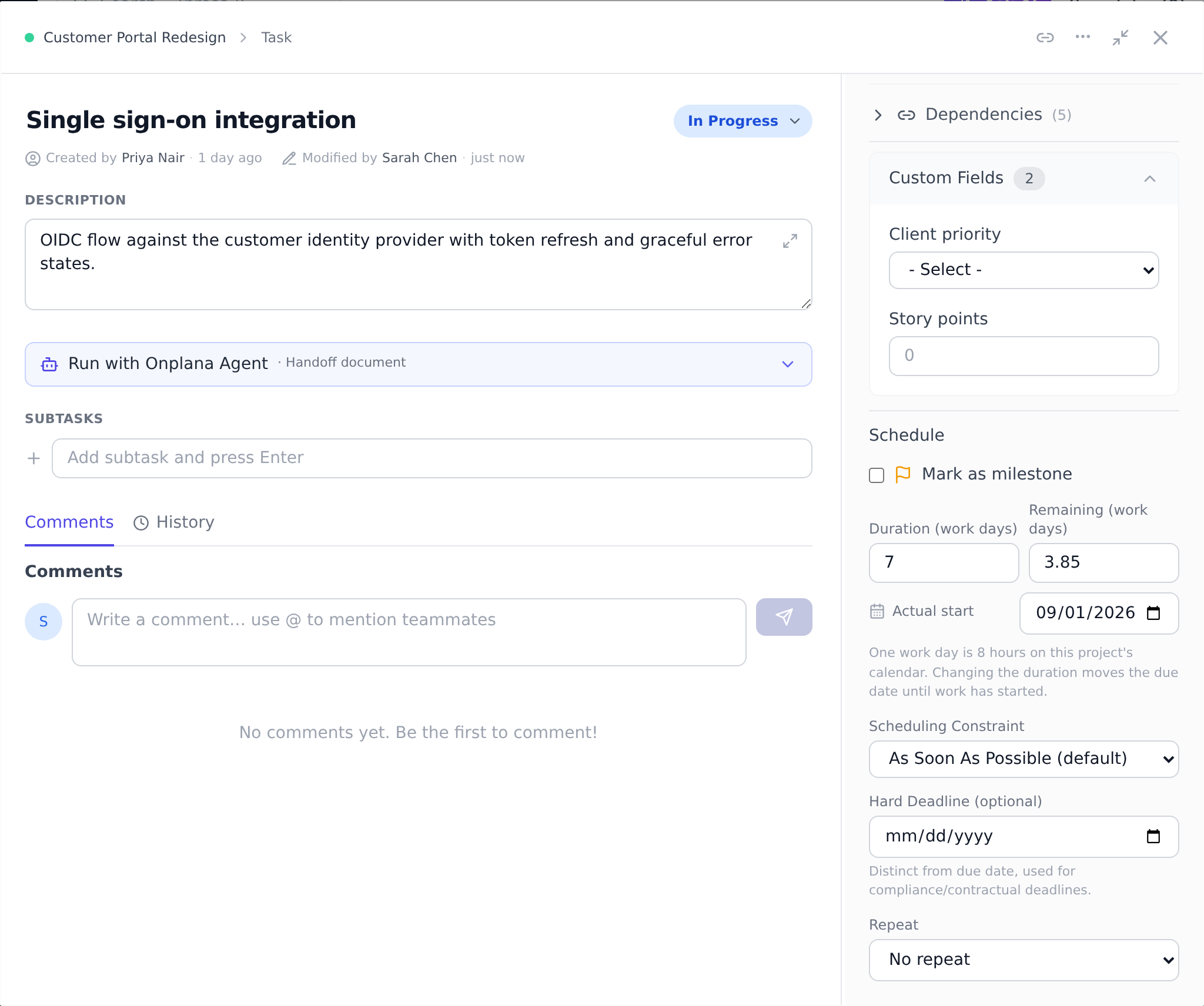 The task detail with the More section of the rail expanded, showing the Repeat dropdown set to No repeat beneath the schedule fields and the scheduling constraint.