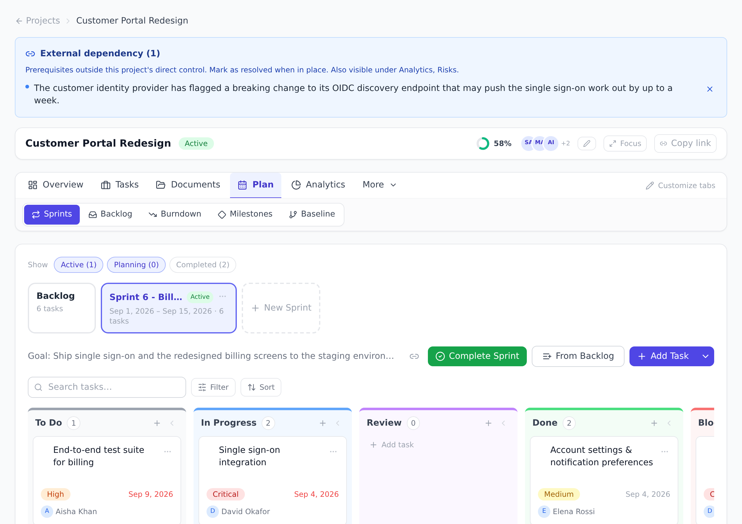 The Sprints view of a project with the active sprint selected: its date range, goal, and Complete Sprint and From Backlog actions, next to the Backlog chip with its task count and the New Sprint button, above the board of tasks in status columns.