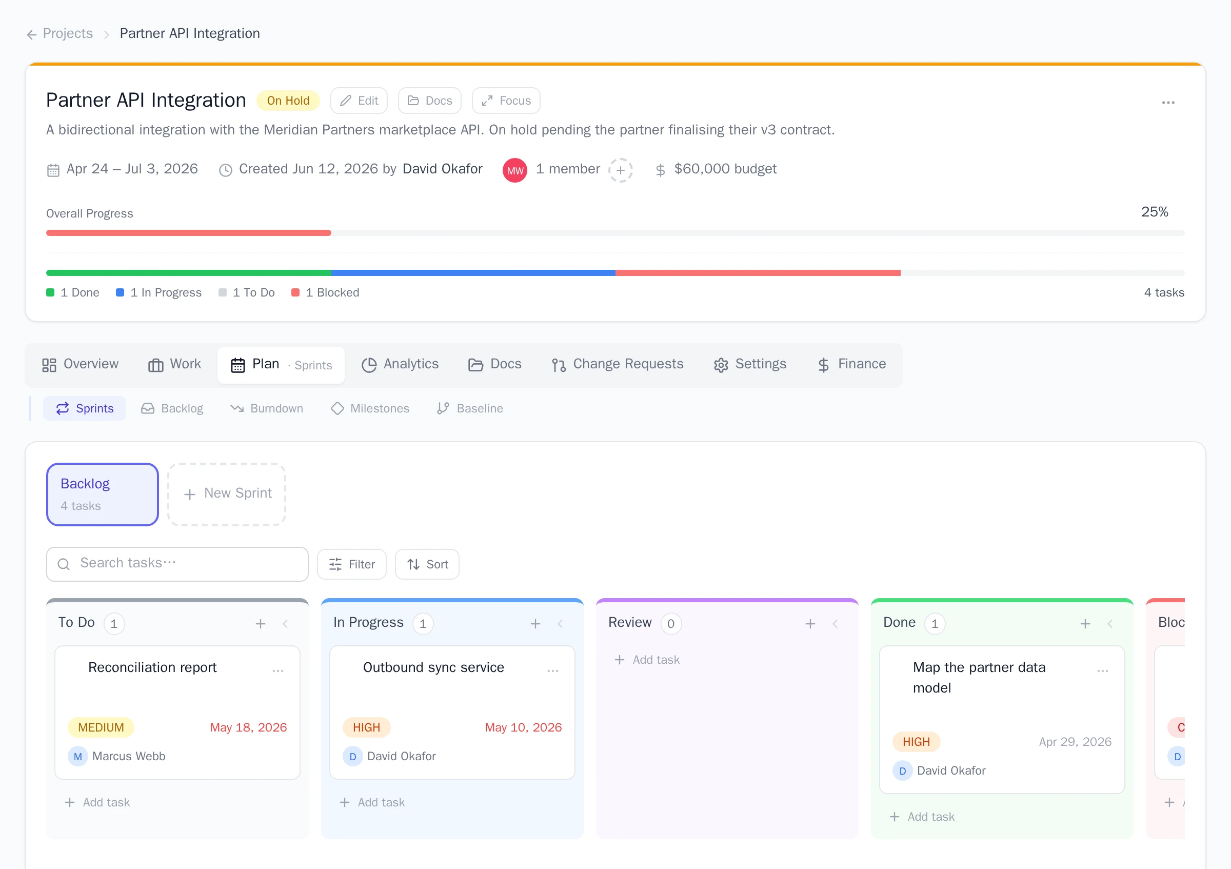 The Sprints tab of a project, showing the Backlog chip with its task count, the New Sprint button, and the board of tasks ready to pull into a sprint.