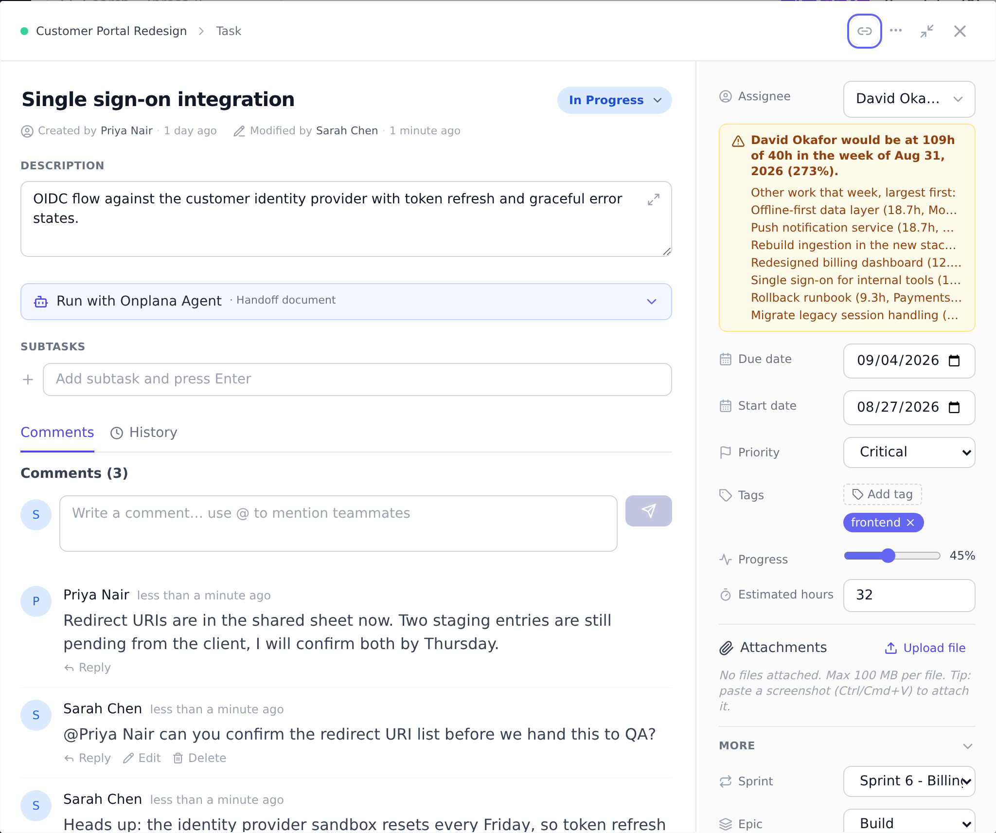 The comment thread on a task with a composer that supports at-mentions and two comments, one of them mentioning a teammate to ask for a review.