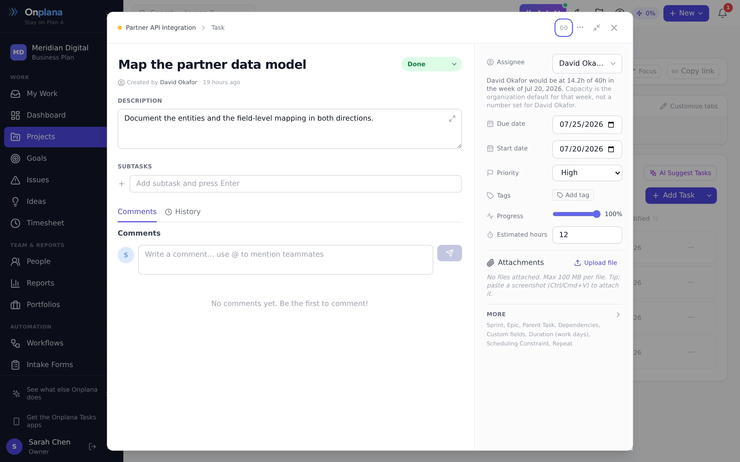 The task detail form: the task title with a status pill beside it, a description, subtasks and a comment thread down the middle, and a properties rail on the right holding assignee, due date, start date, priority, tags, progress, estimated hours and attachments, with a More section for the rest.
