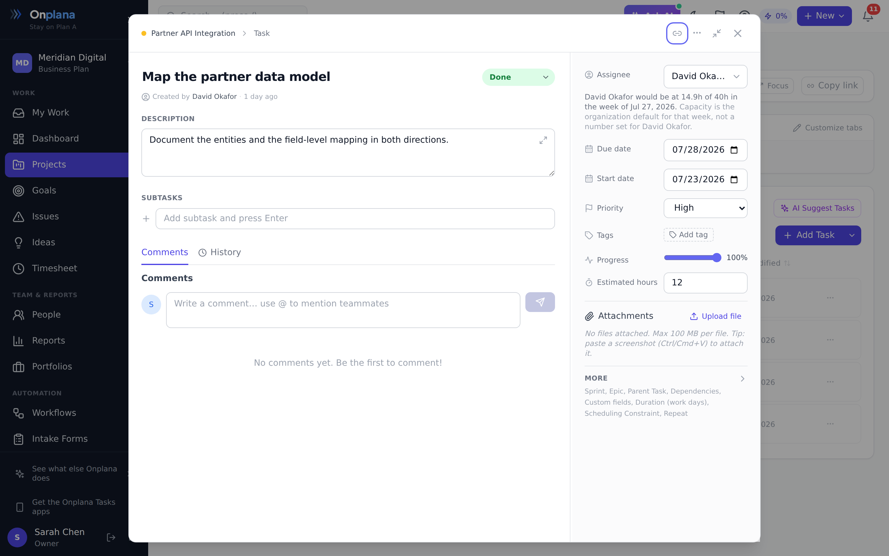The task detail form: the task title with a status pill beside it, a description, subtasks and a comment thread down the middle, and a properties rail on the right holding assignee, due date, start date, priority, tags, progress, estimated hours and attachments, with a More section for the rest.