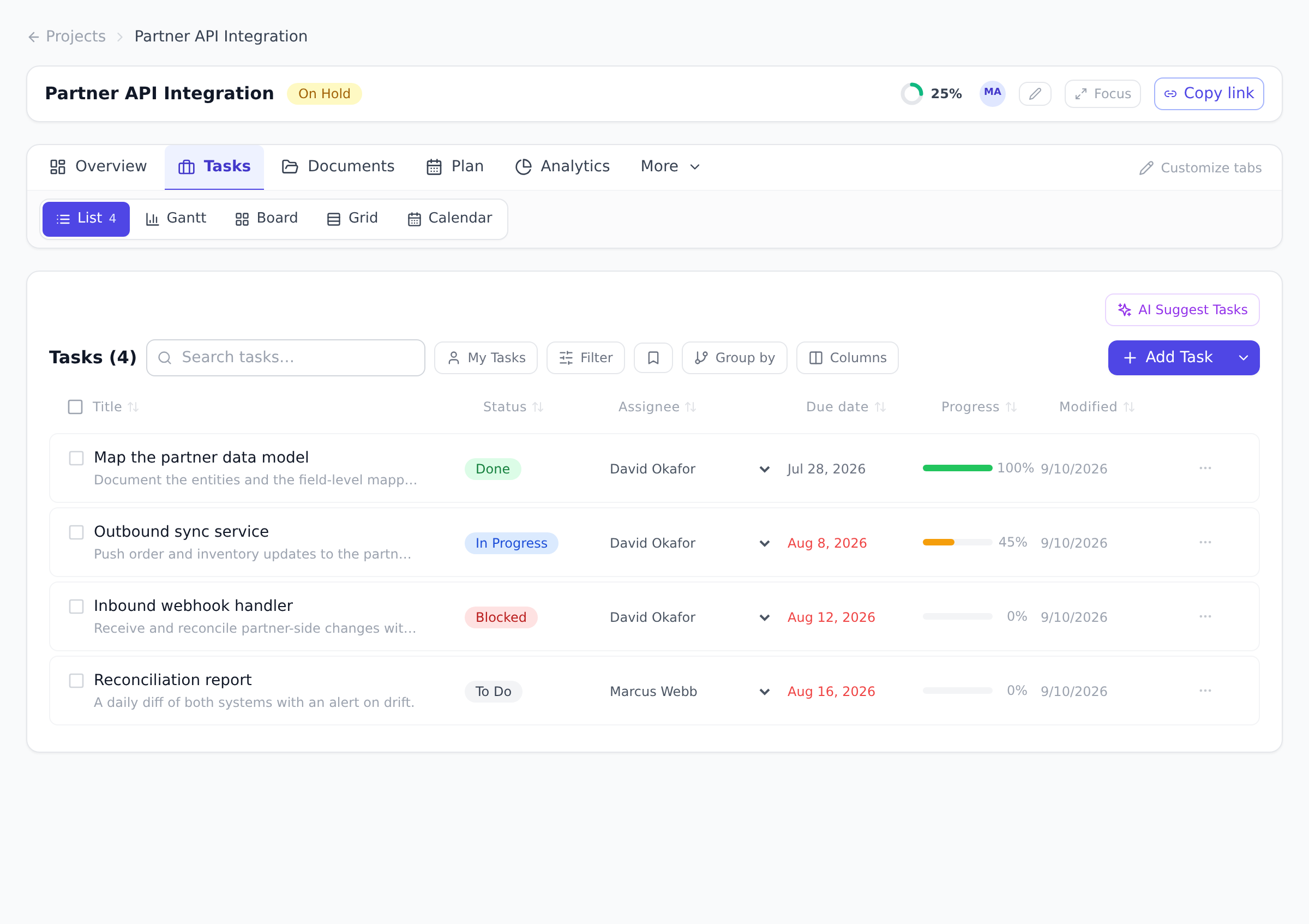 A project task list showing tasks with status badges, assignees, due dates, and progress bars, plus grouping and column controls and the Add Task button.